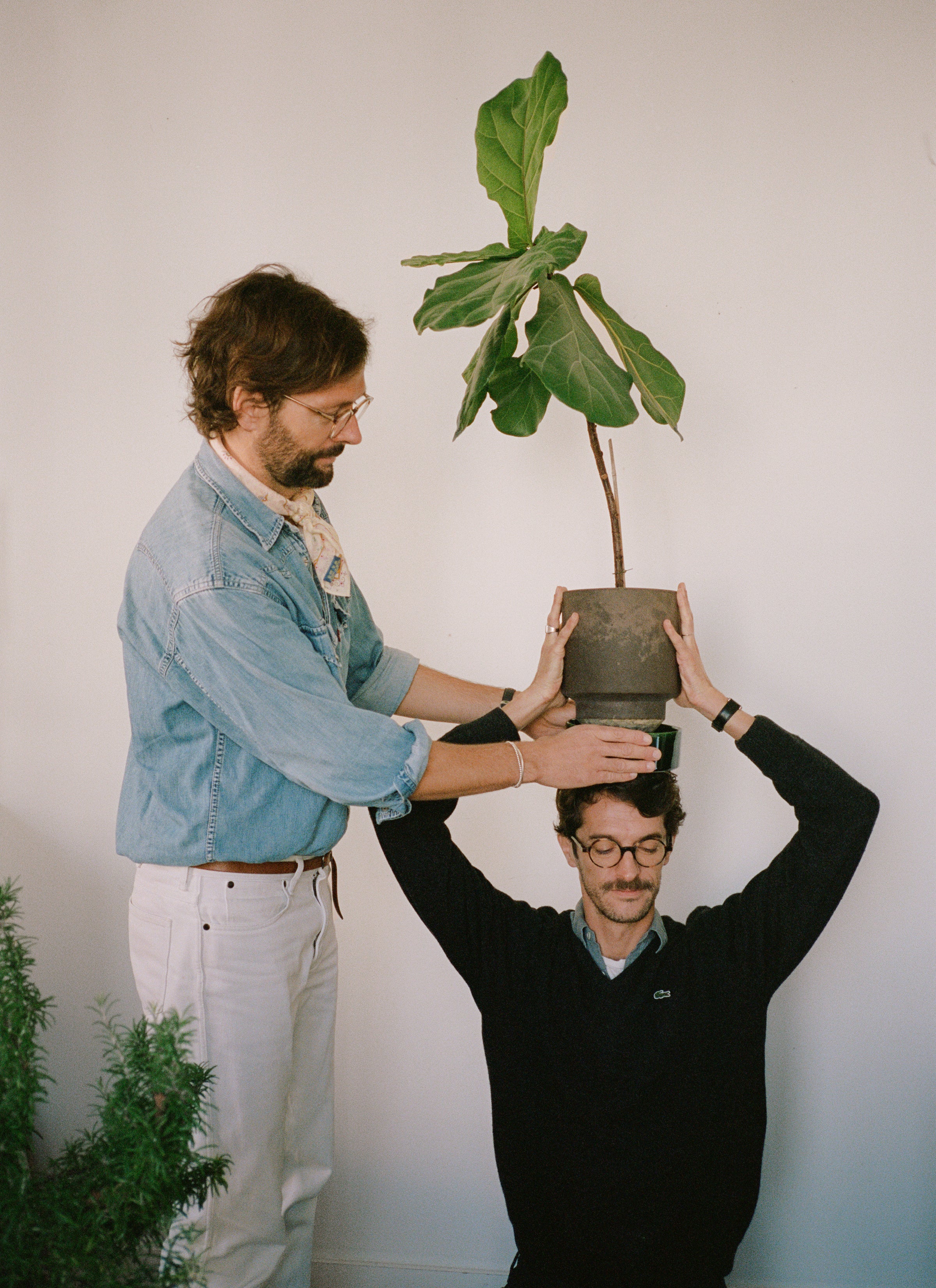 Mathias and Geoffery were in front of the white wall, while Geoffery squatted down holding a pot of Fiddle-leaf figs above his head and Mathias helped him balance it on the top.