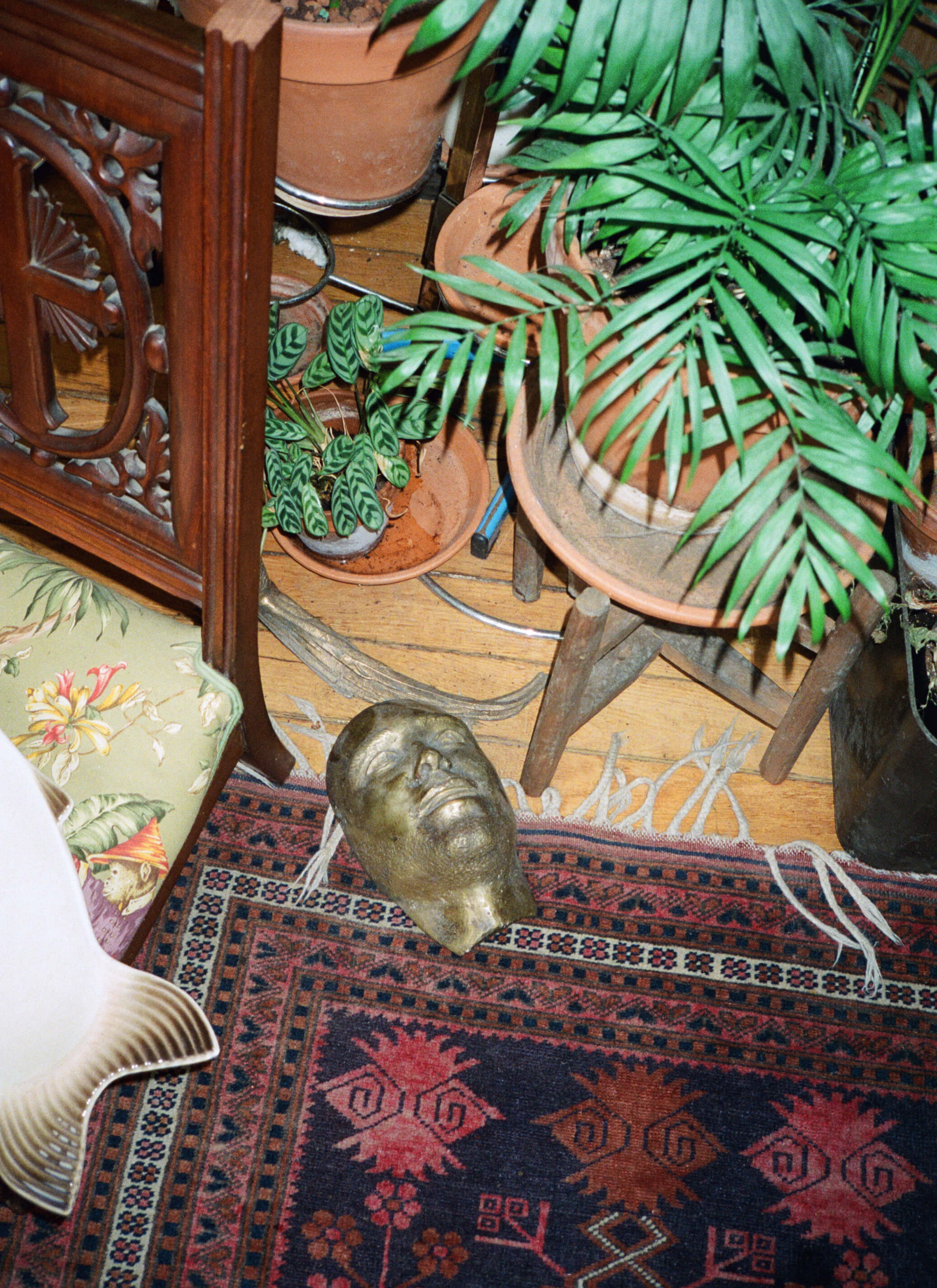 A metal made mask lying on the floor with a carpet on and there are some potted plants and terracotta pots around next to a chair with floral cover cushion.