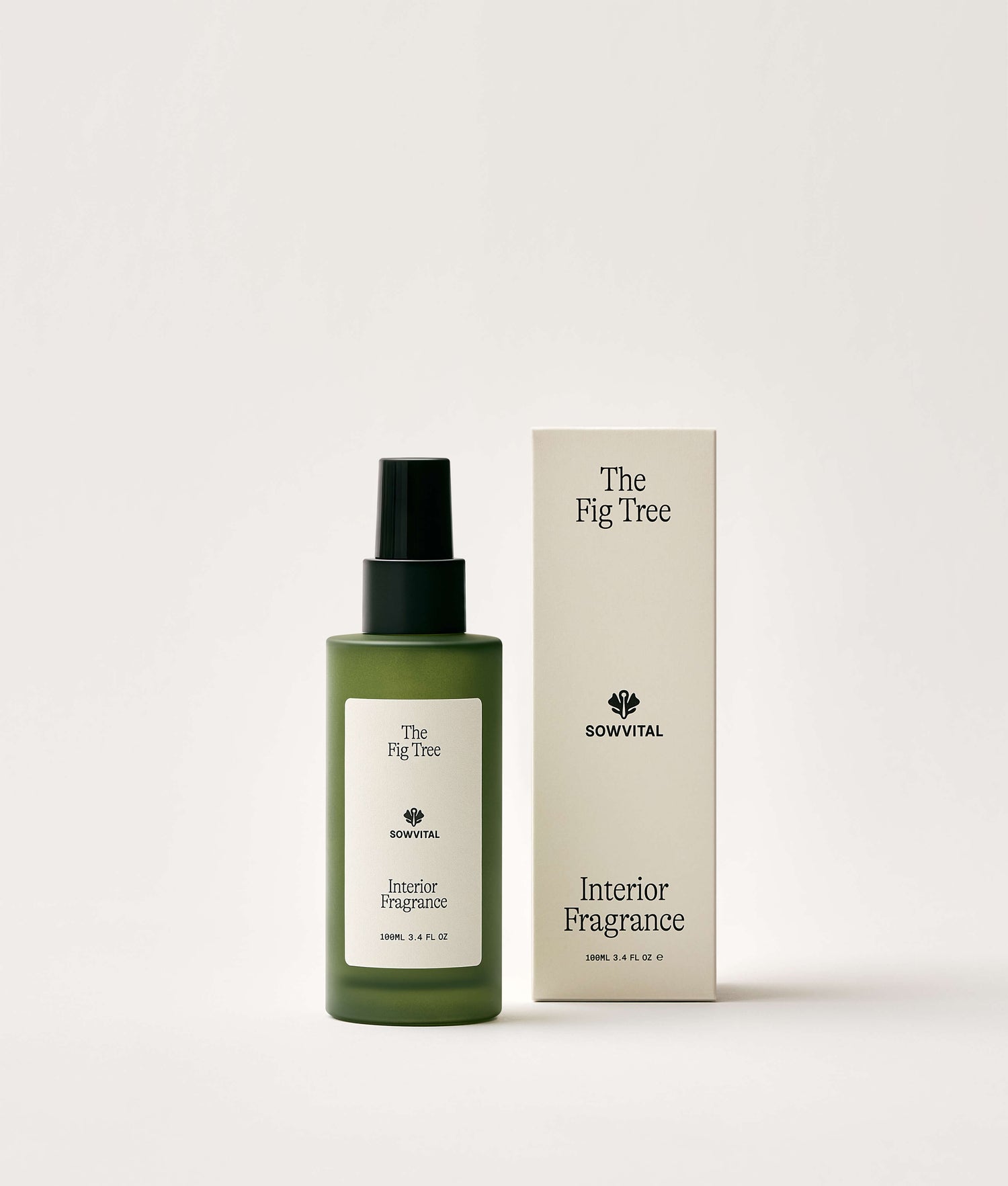 Bottle and box of 'The Fig Tree' interior fragrance by Sowvital on a white background