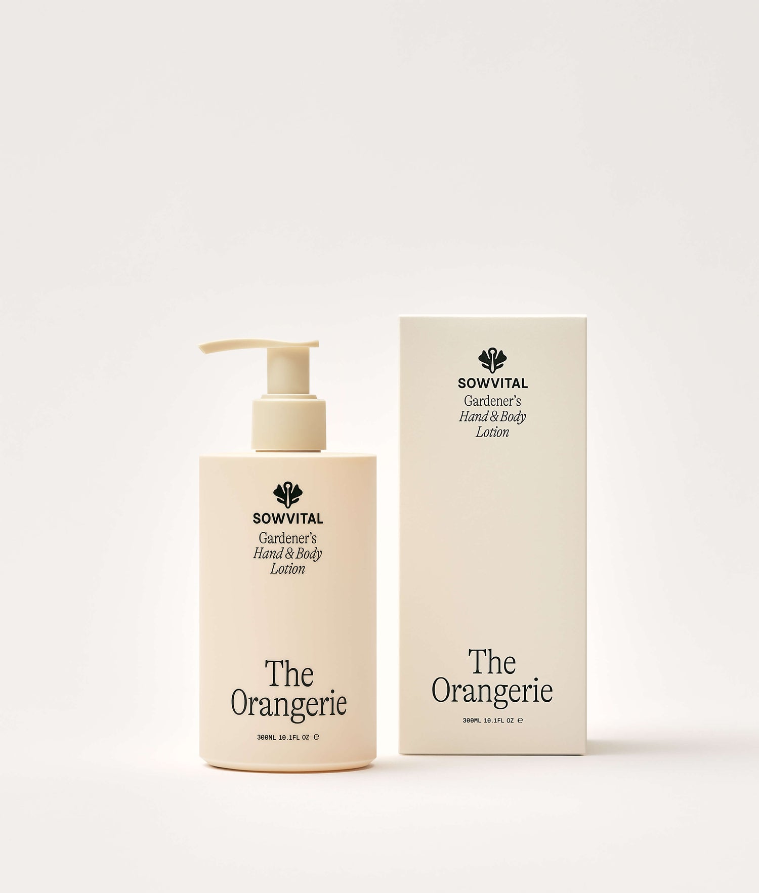 Sowvital 'The Orangerie' hand and body lotion with pump and packaging on a white background