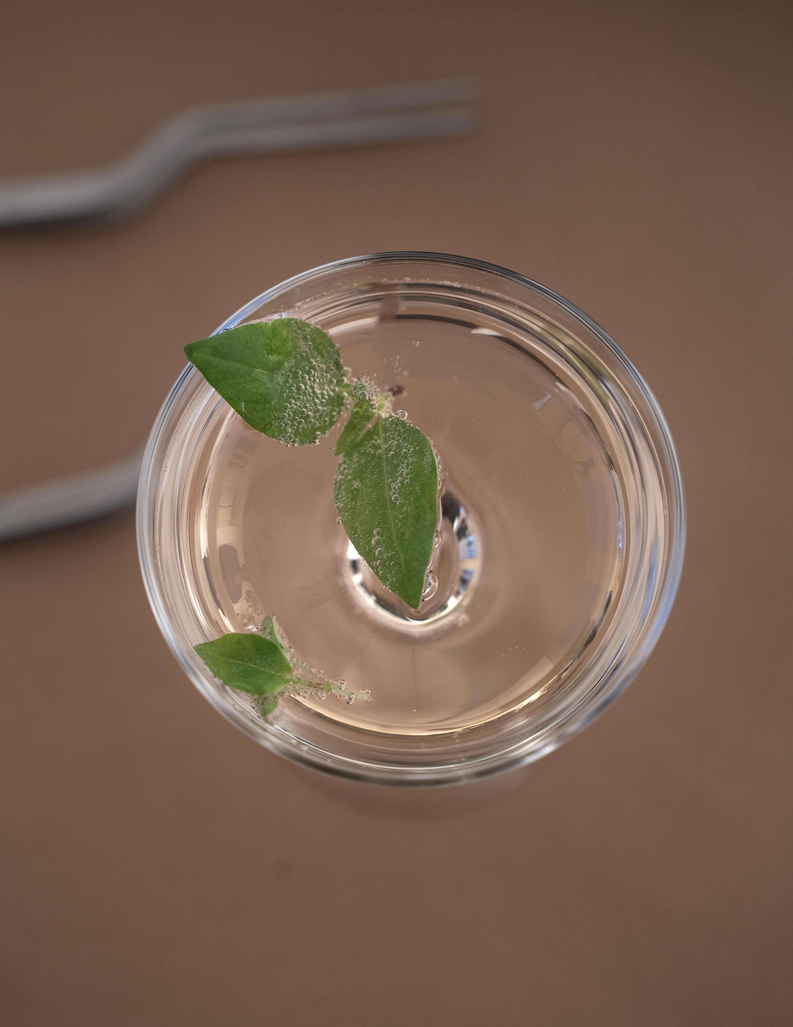 A photograph of a glass of drink from the above angle with herbal leaves in it.