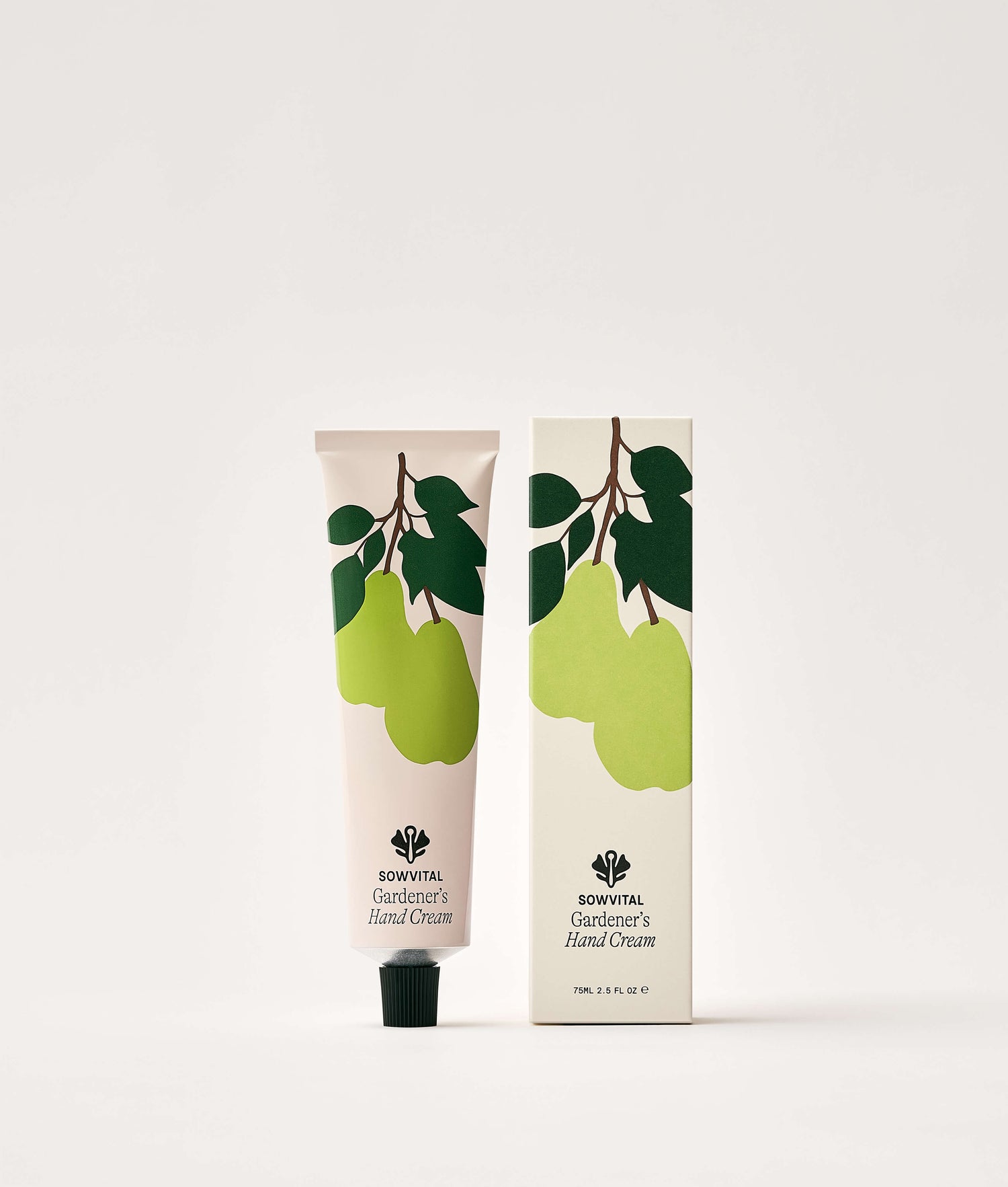 Hand cream with packaging featuring green pears on a white background
