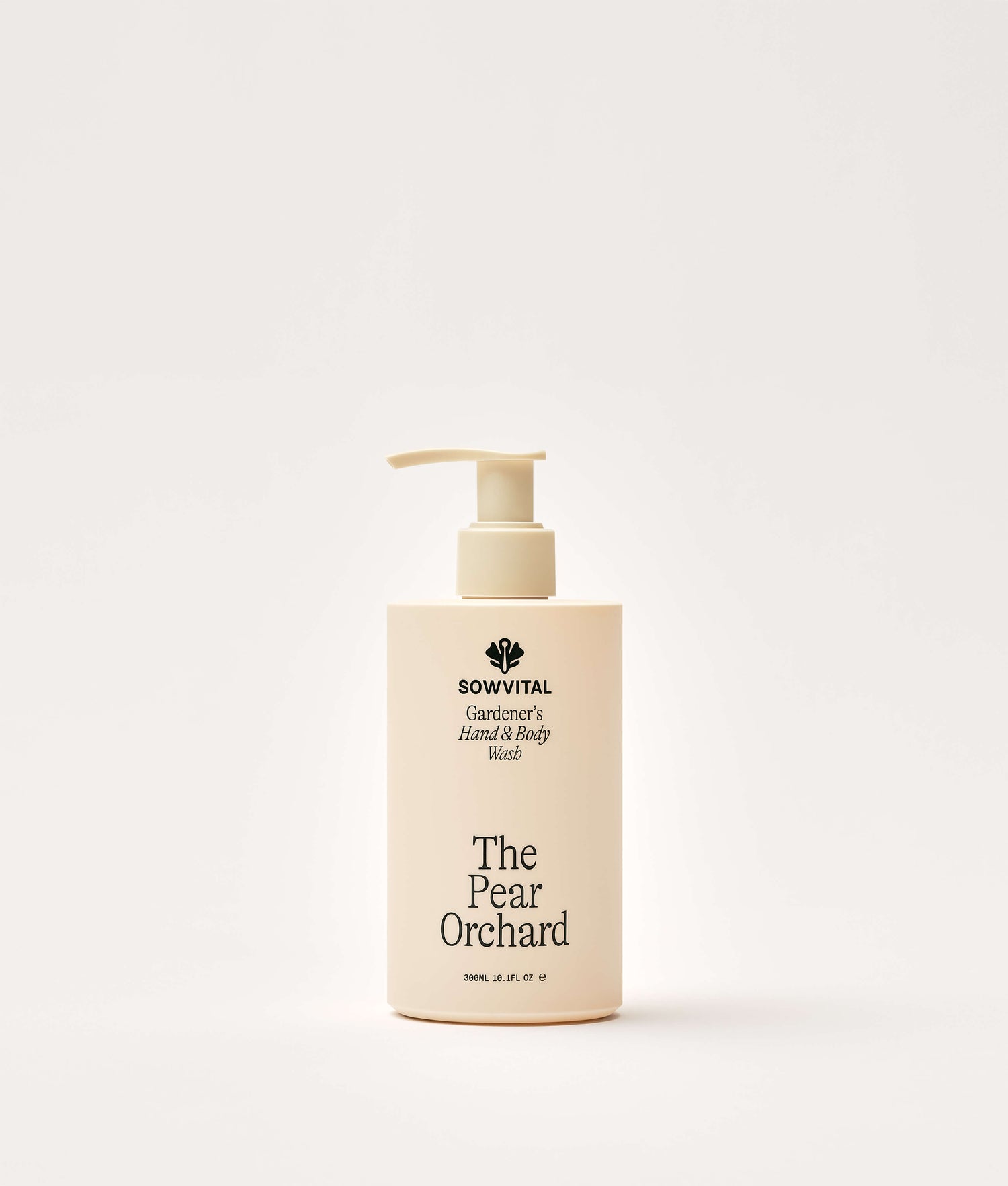 Bottle of 'The Pear Orchard' hand and body wash by Sowvital on a white background