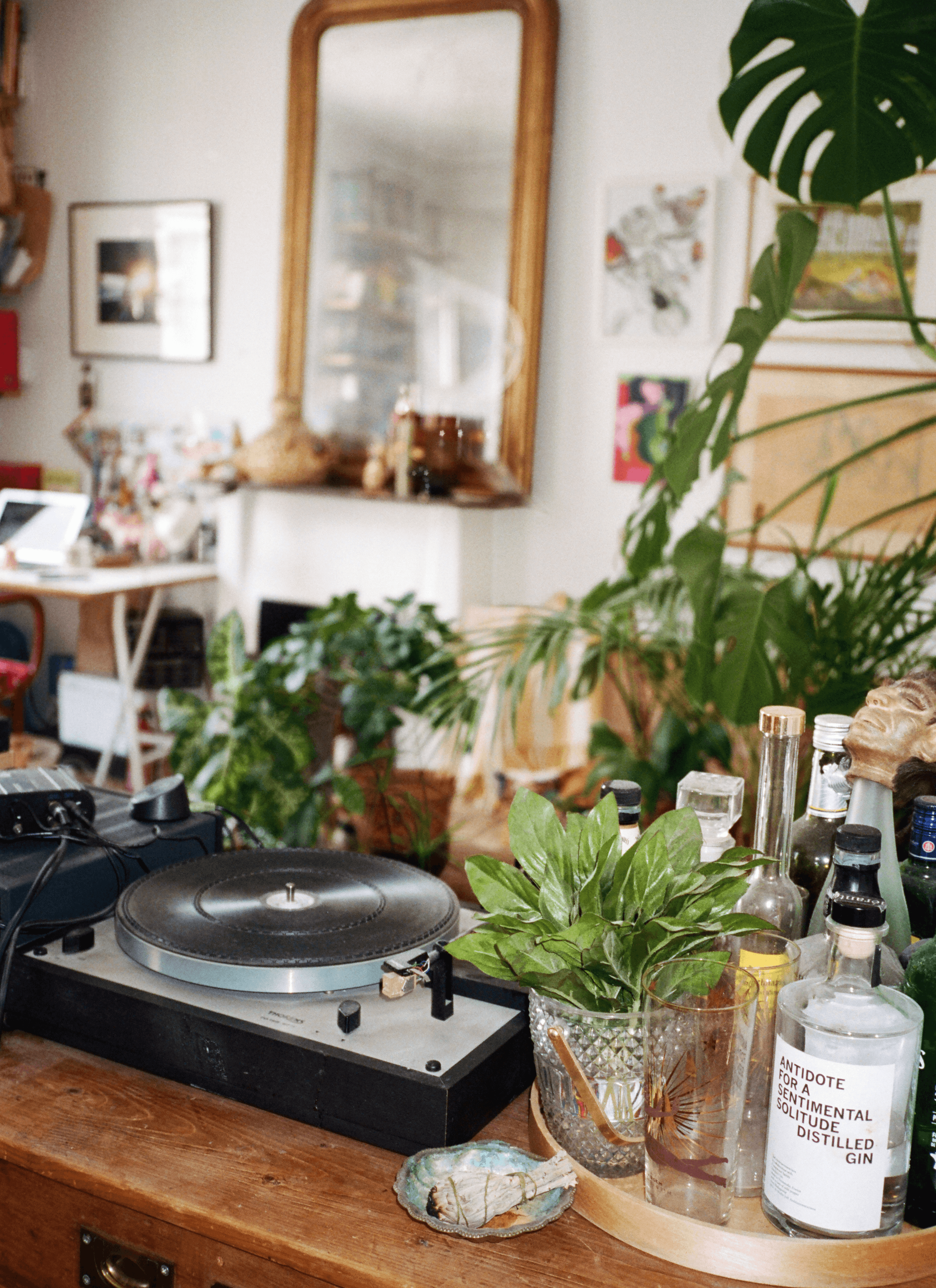 Bottle of alcohol, glasses and a pot of basils on a wooden plate next to a phonograph on the table. There’s a mirror and different pieces of art hung on the wall and lots of decorations in the room.