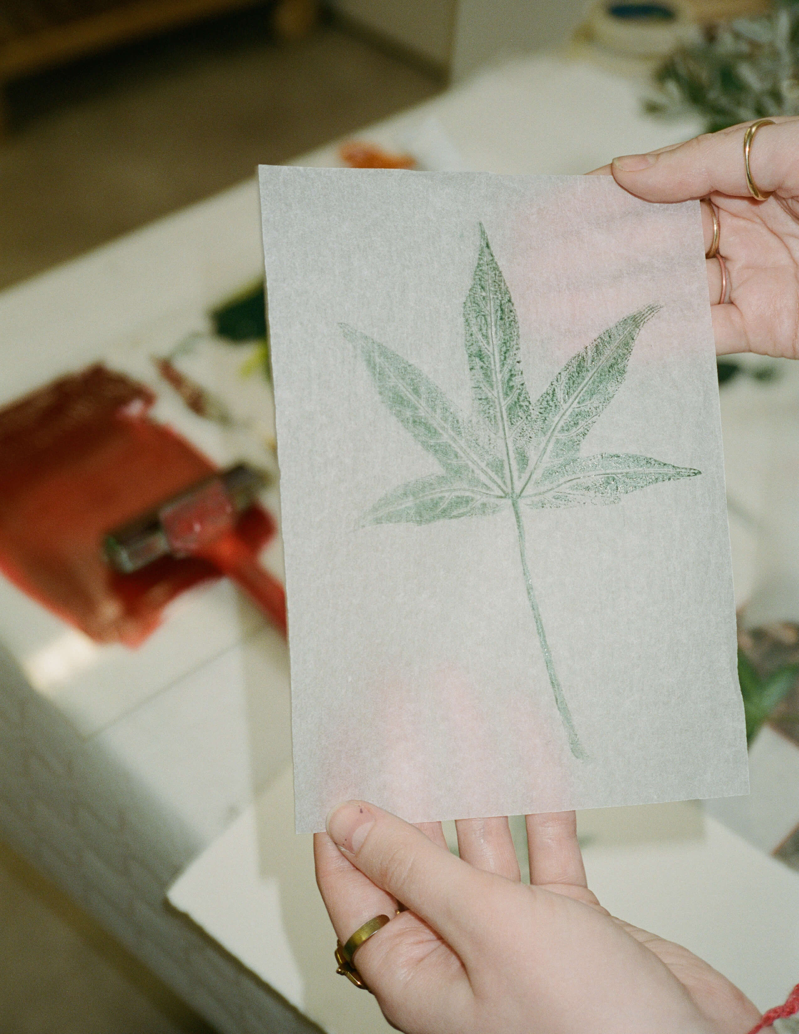 A pair of hands presenting a successful nature plant printing on the paper.