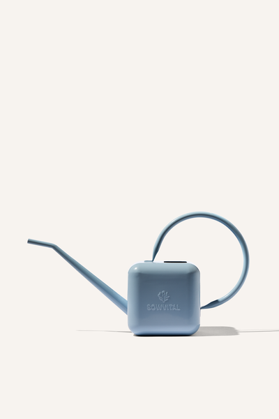 A blue stainless steel 1.25 litre watering can, embossed with the Sowvital logos.