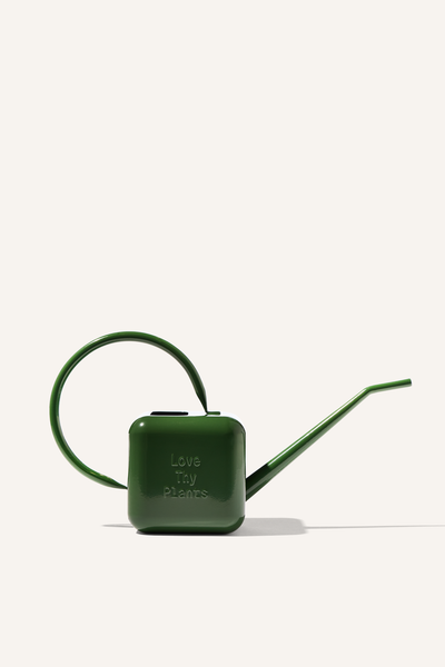 A green stainless steel 1.25 litre watering can, embossed with the phrase "Love Thy Plants".