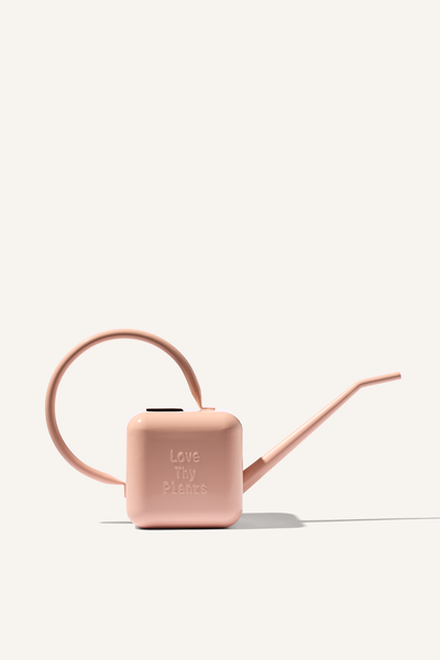 A pink stainless steel 1.25 litre watering can, embossed with the phrase "Love Thy Plants".