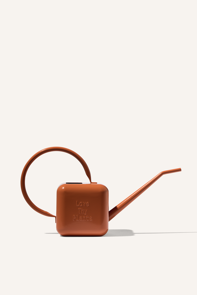 A terracotta coloured stainless steel 1.25 litre watering can, embossed with the phrase "Love Thy Plants".