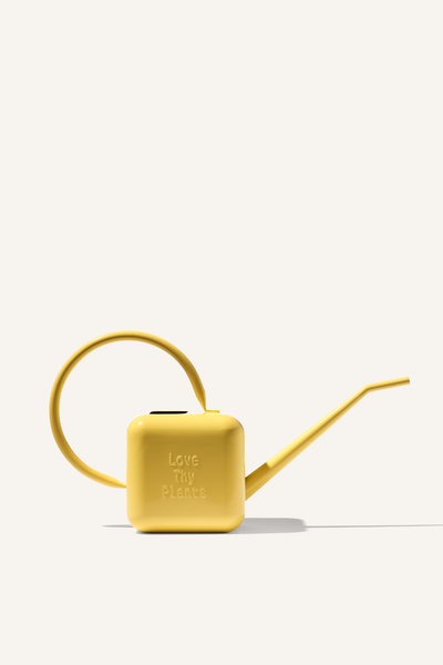 A yellow stainless steel watering can, embossed with the phrase "Love Thy Plants".