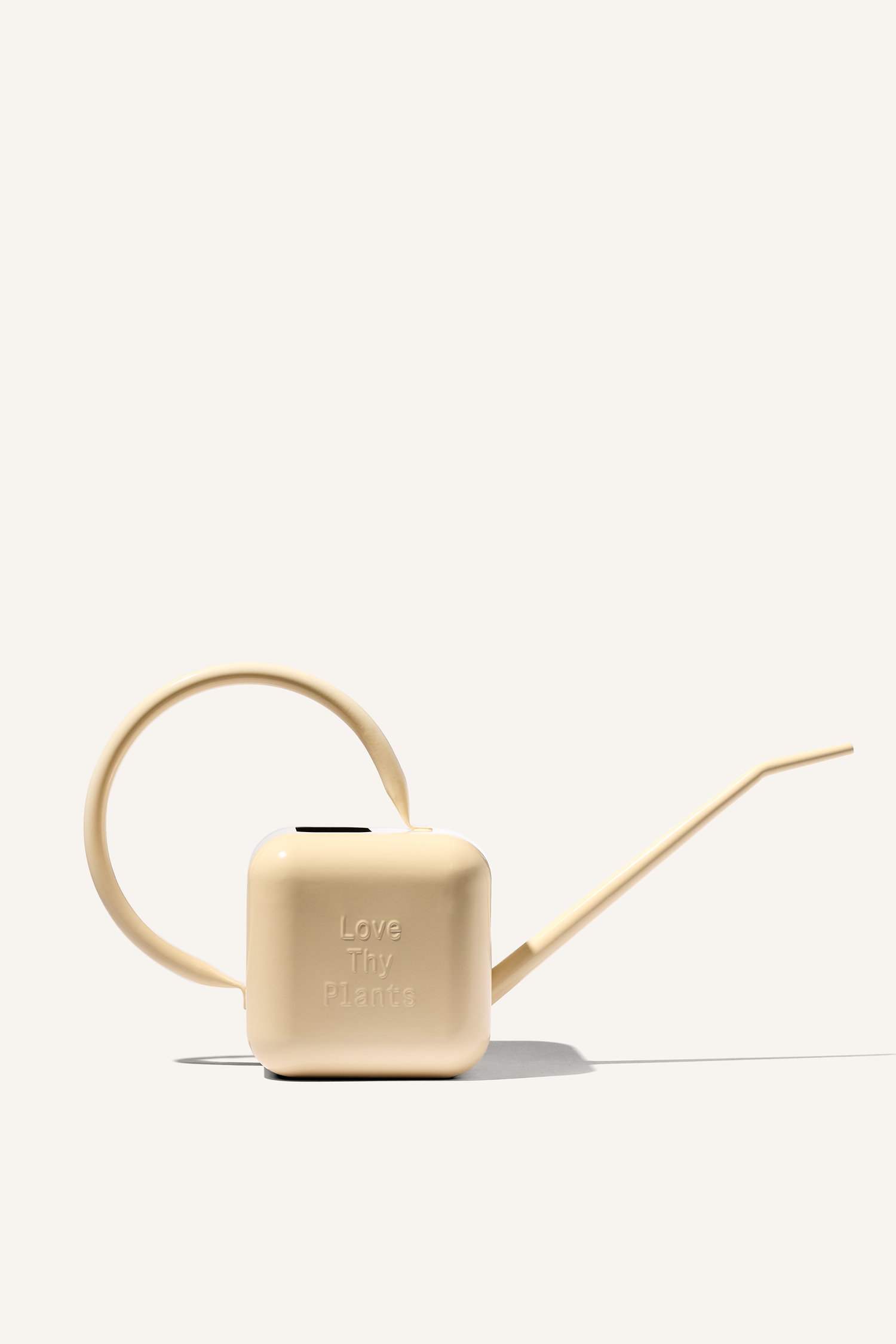 A beige stainless steel 3 litre watering can, embossed with the phrase "Love Thy Plants".