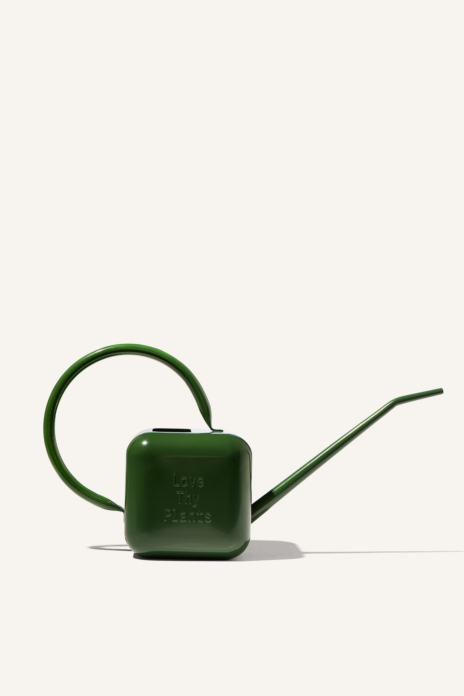A green stainless steel 3 litre watering can embossed with the phrase "Love Thy Plants"
