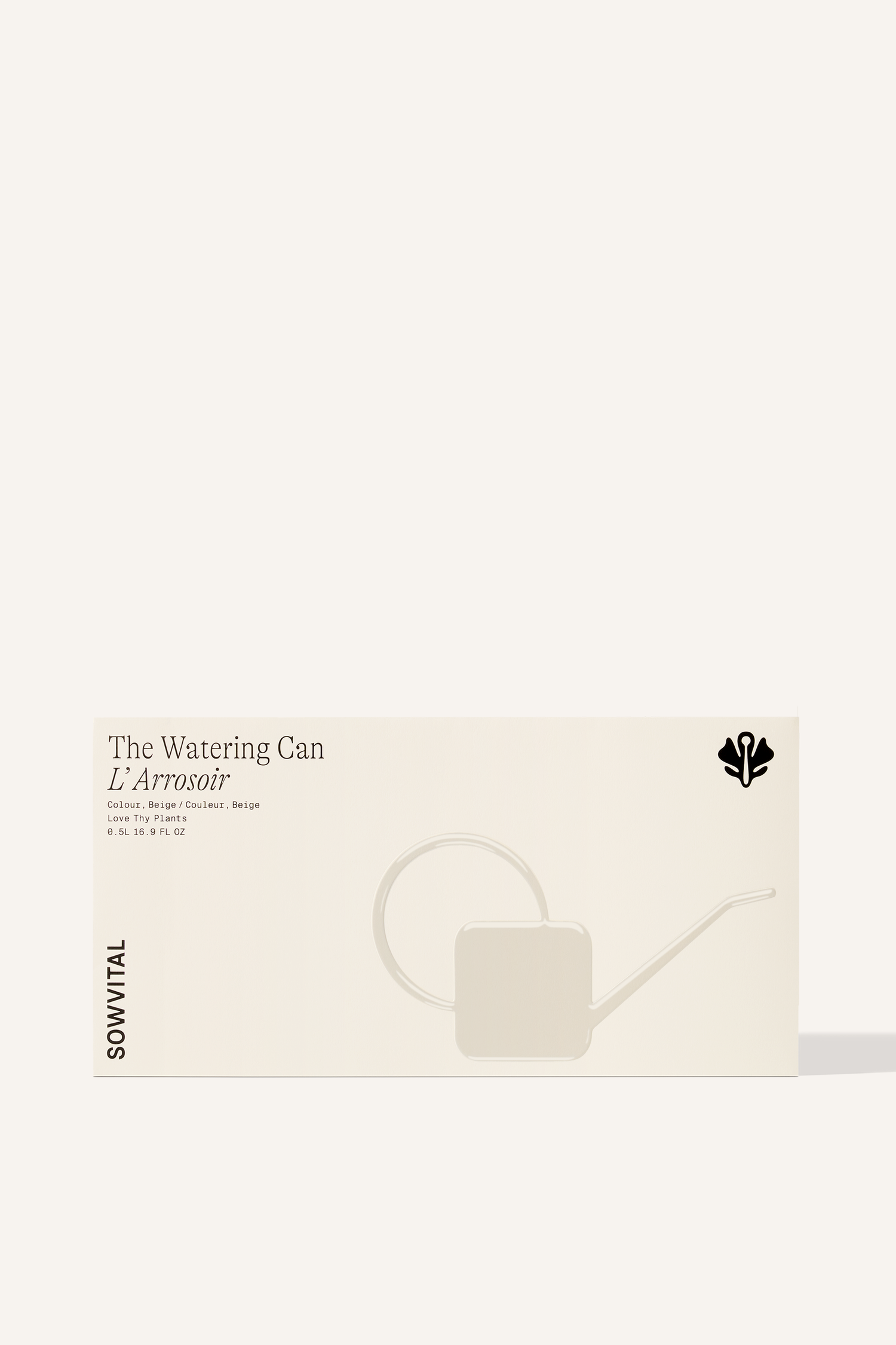 A wide rectangular box embossed with a beige illustration of the Sowvital watering can.