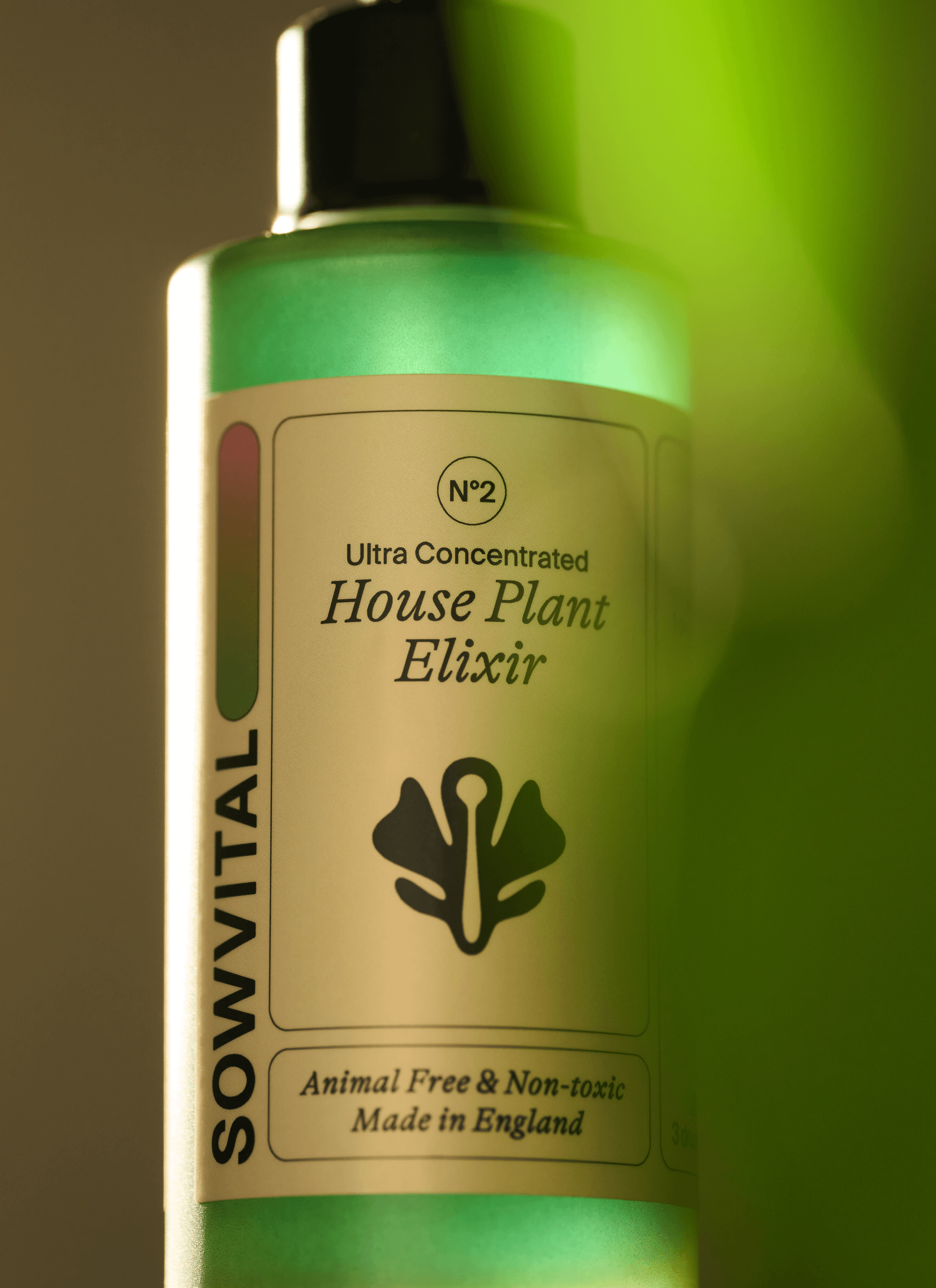 Sowvital product - House plant elixir photoshoot with some leaves.