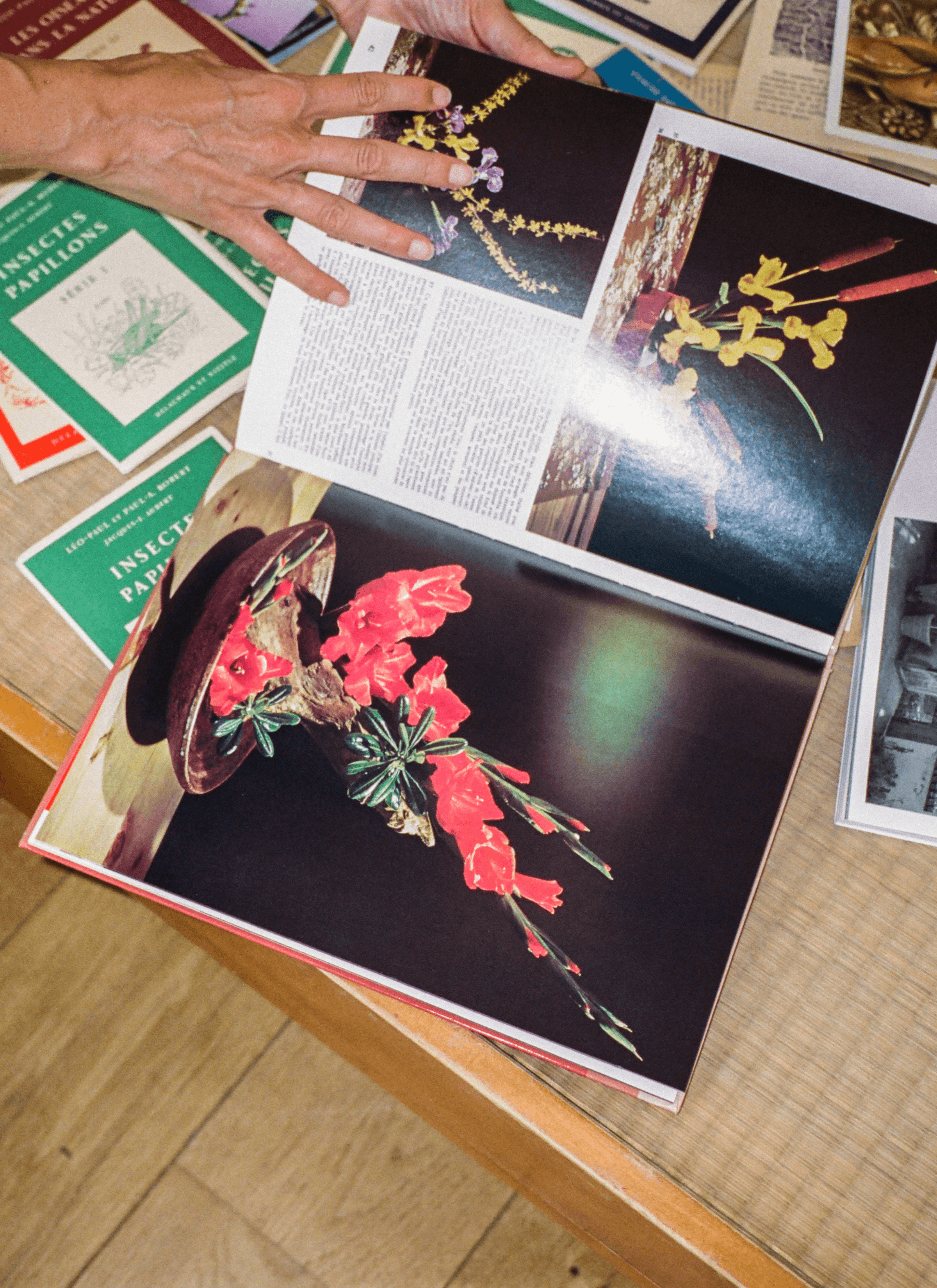 A pair of hands opened a book on the table with pictures of flowers on a dark background with paragraphs of words.