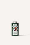 A tall round dark green metal tin of garden fruit & vegetable plant fertiliser in front of a beige background.