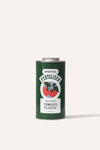 A tall round dark green metal tin of garden tomato plant fertiliser in front of a beige background.