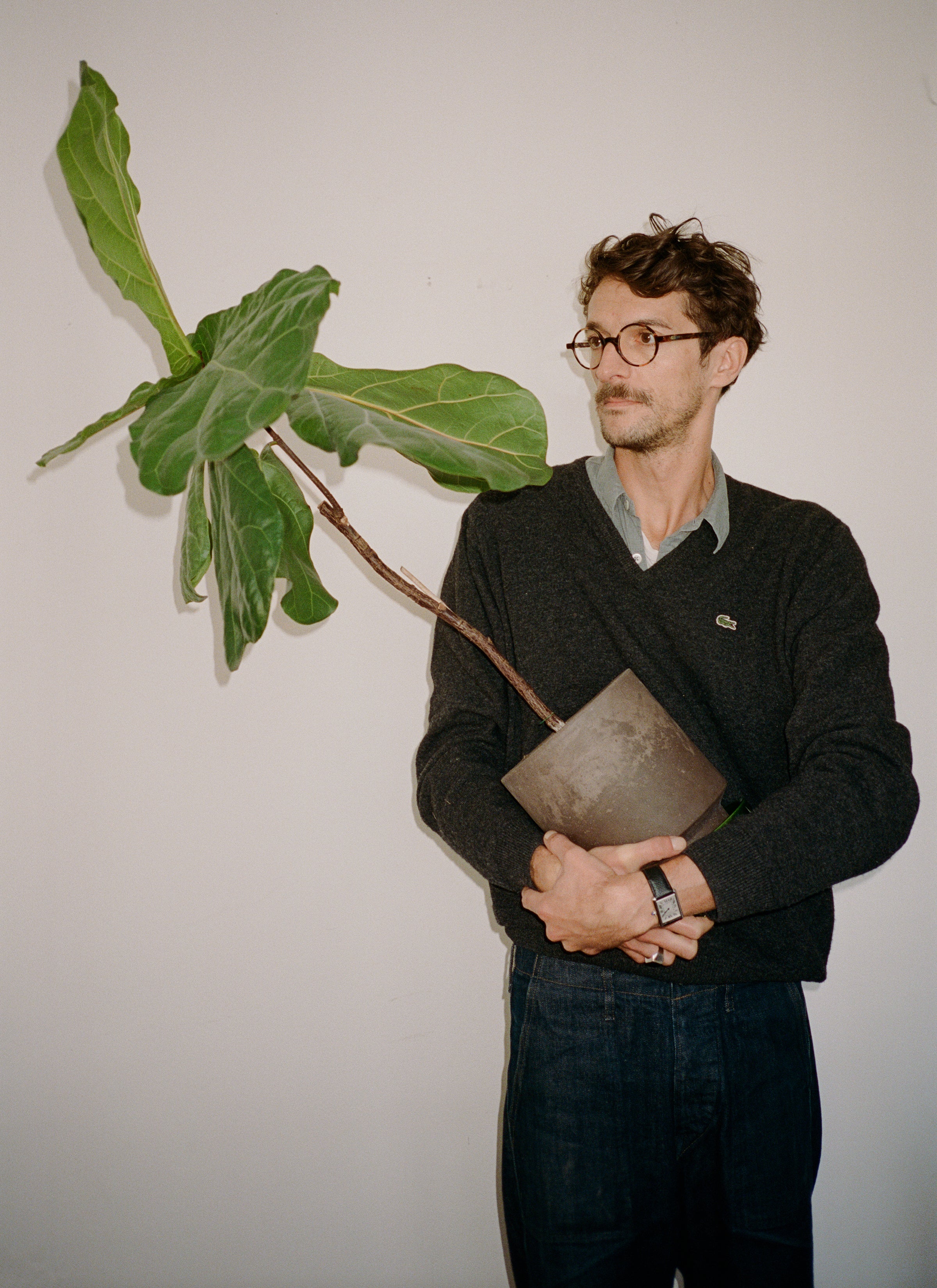 Geoffery standing in front of the white wall holding a pot of Fiddle-leaf fig and staring at it.