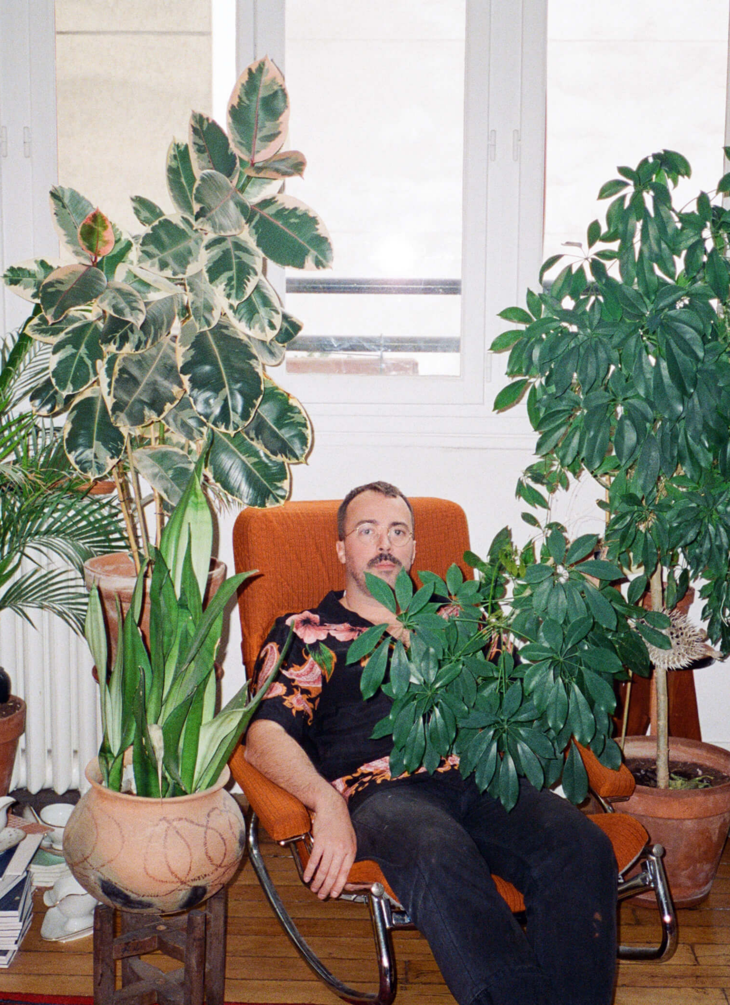 Arnold sit on a sofa chair surrounded by different types of his house plants, including elastica ficus tineke, snake plant, umbrella tree and etc.