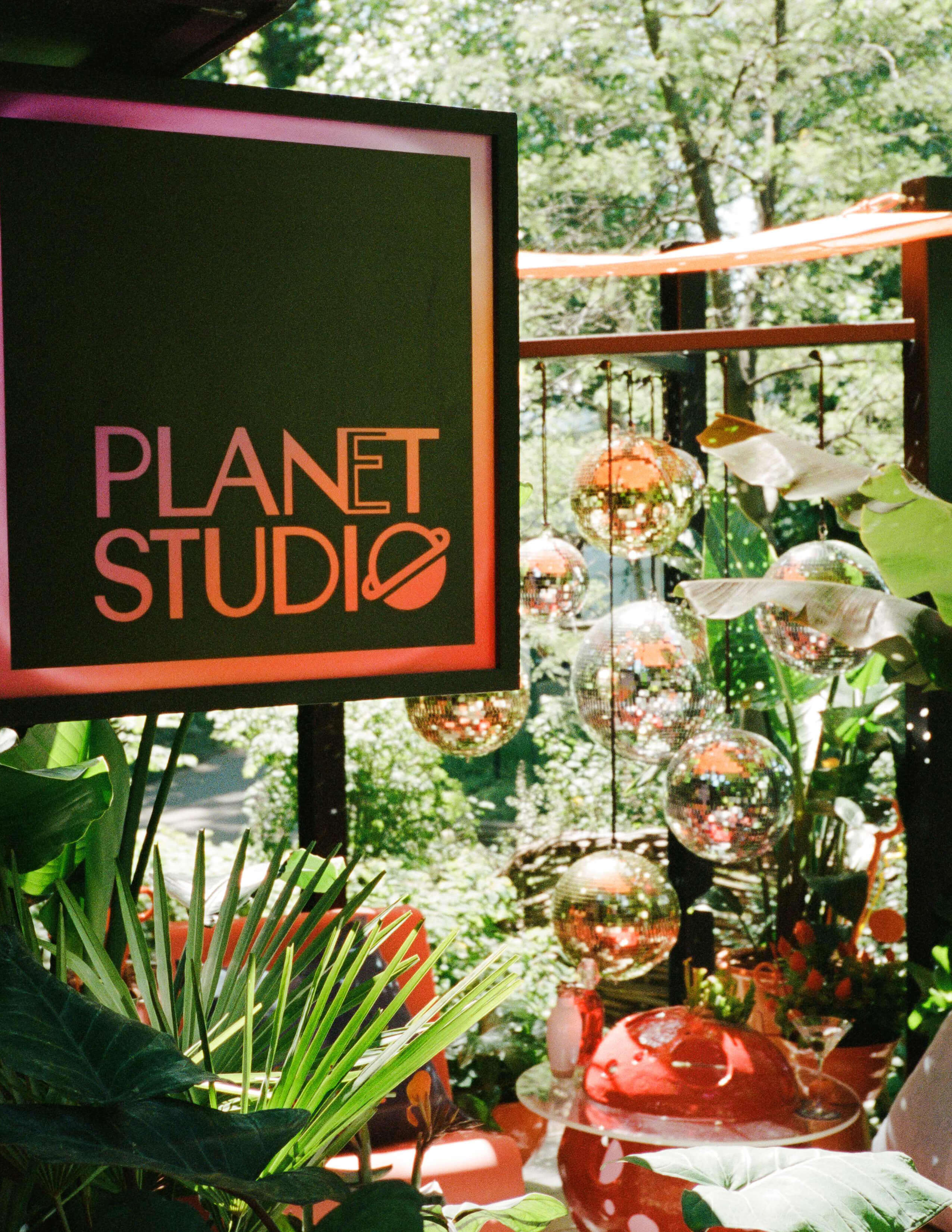 A collection of different kinds of plants with the shop sign - ‘ Planet Studi’ while there were disco balls around it.