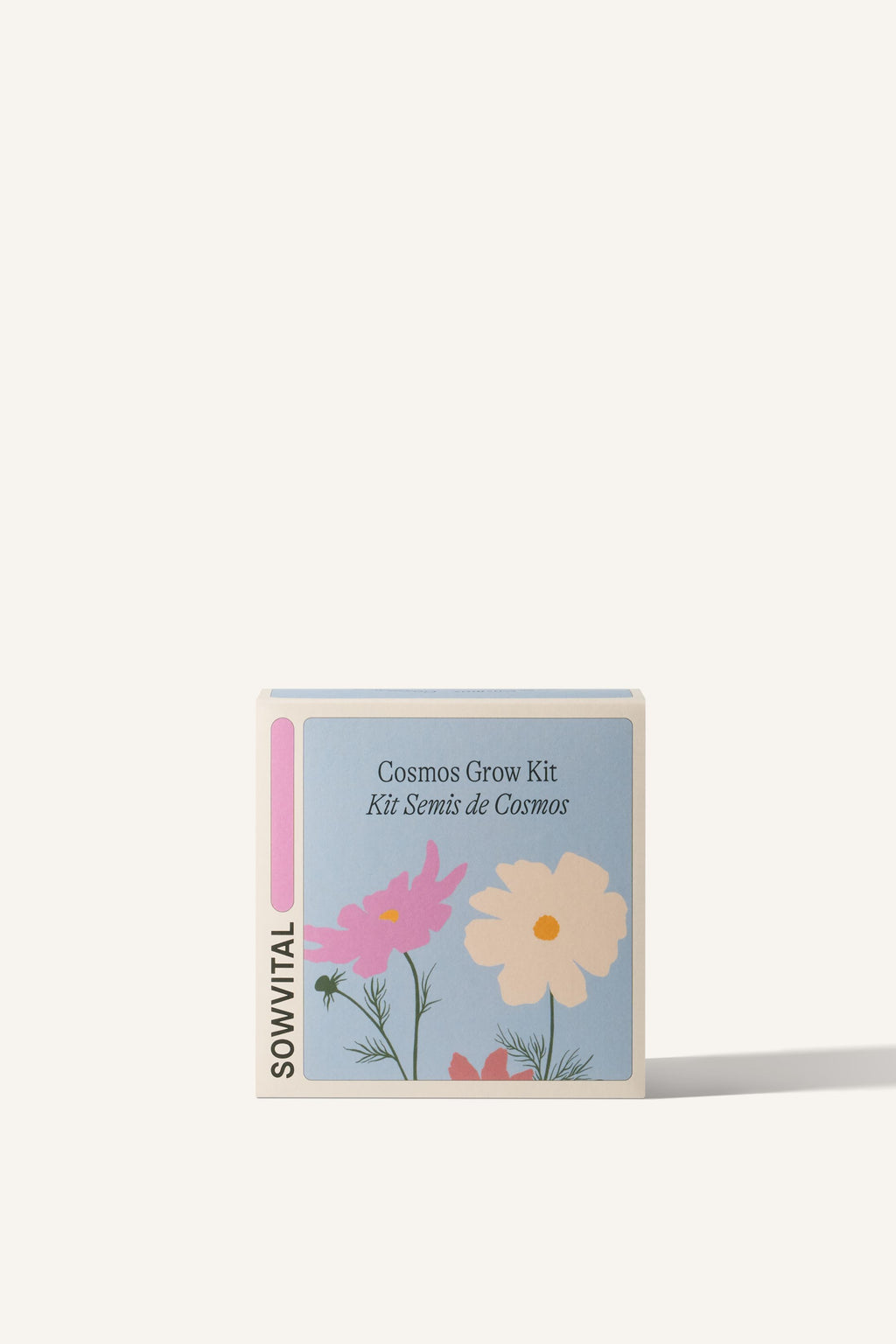 Sowvital's Cosmos Seed Grow Kit. A square fedrigoni paper box with a playful illustration of cosmos on the front. The background is beige.