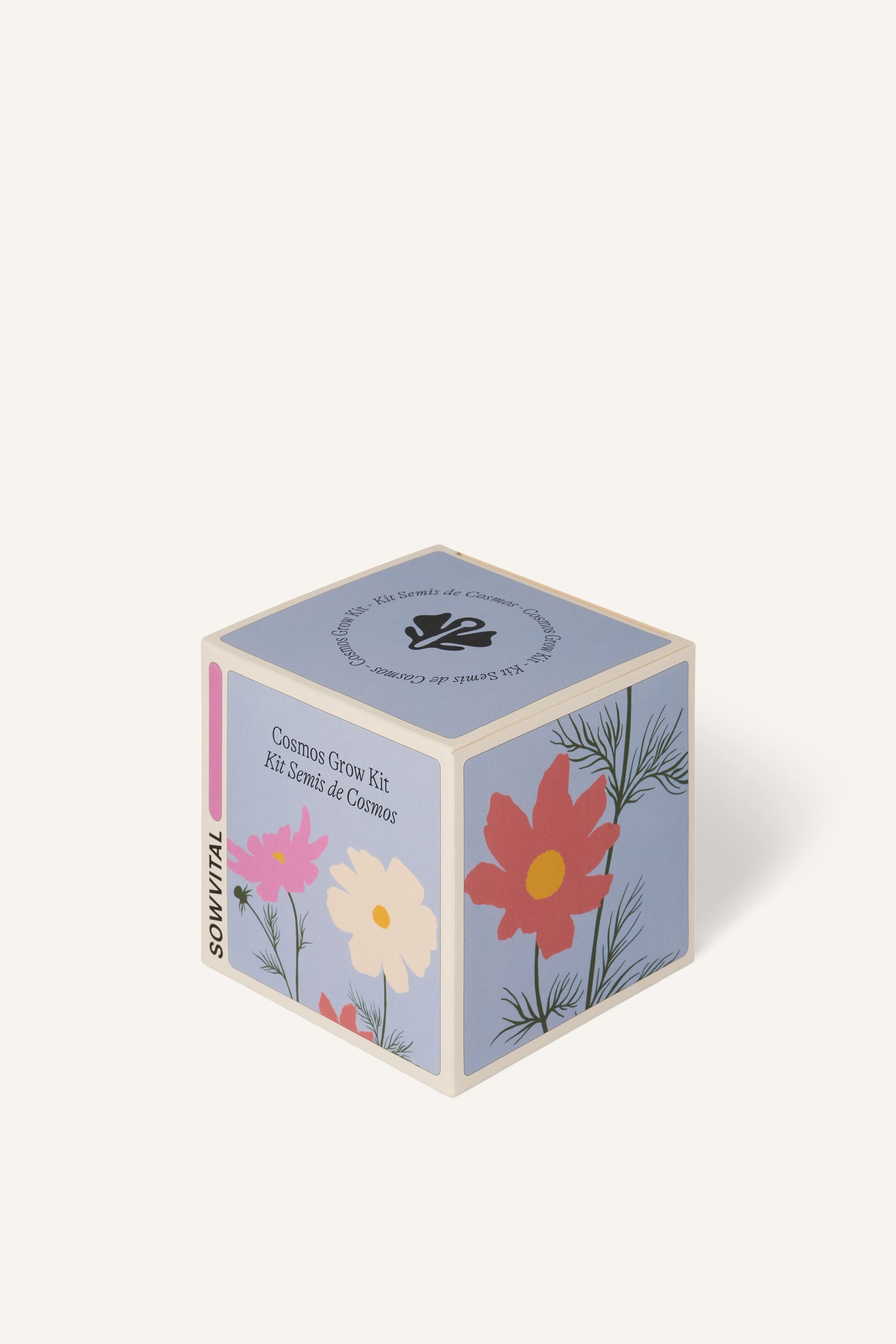 Sowvital's Cosmos Seed Grow Kit from a corner angle. A square fedrigoni paper box with a playful illustration of cosmos on the front and sides. The background is beige.