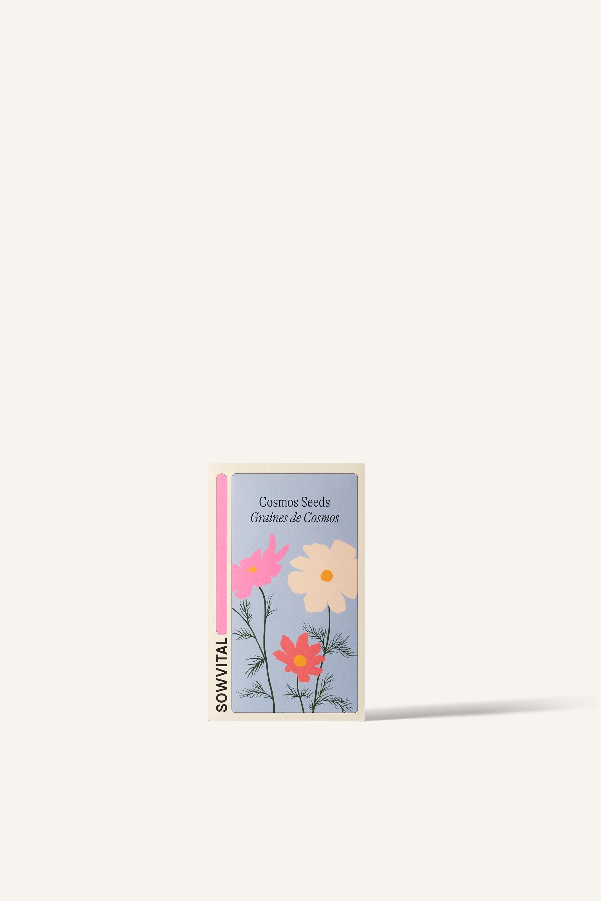 Sowvital's Cosmos Seeds. A rectangular fedrigoni paper box with a playful illustration of cosmos on the front. The background is beige.