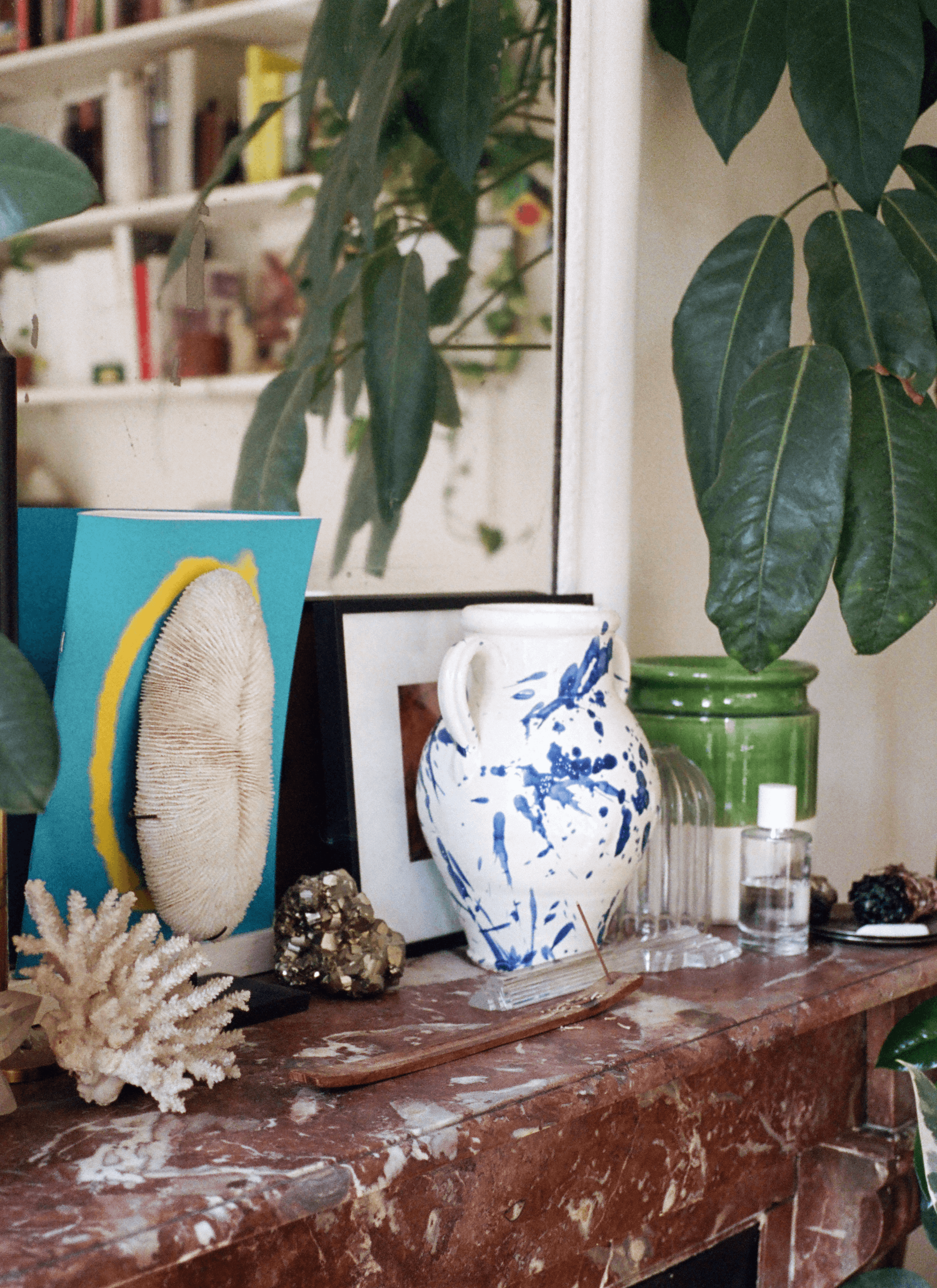 A collection of home decorations - vases, dead coral, glassware on the fireplace next to a plant.