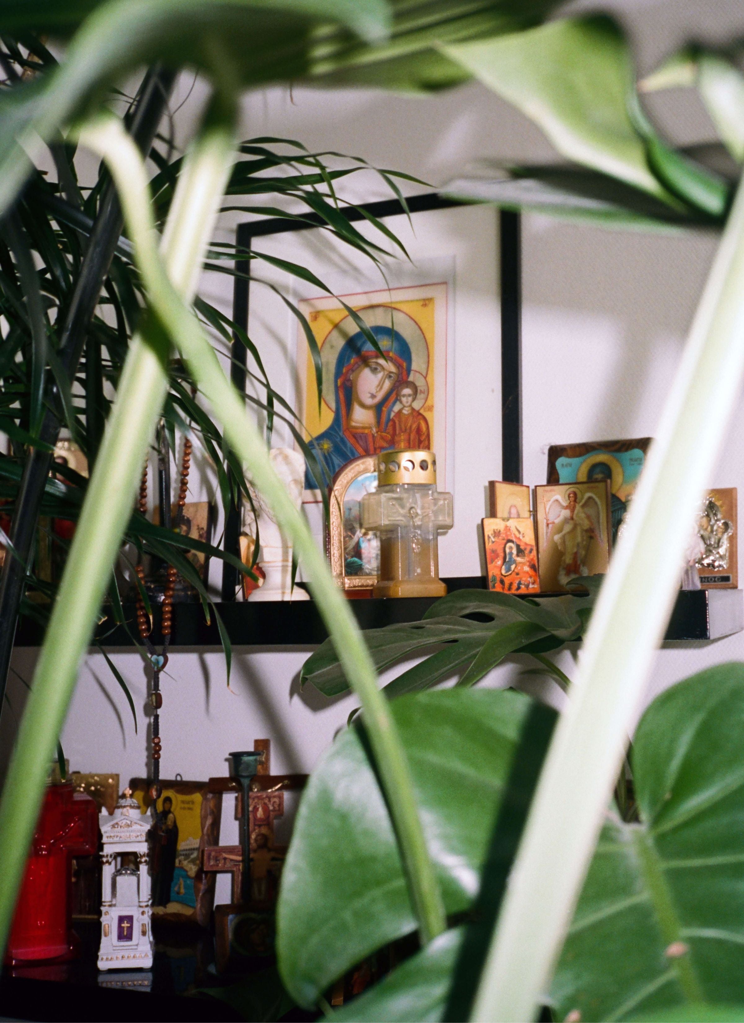 A close-up photograph showcases lush monstera leaves in the foreground, framing the composition. In the background, a cupboard leans against the wall, adorned with numerous framed religious images. Various decorations and objects adorn the cupboard's surface, adding visual interest to the scene. The combination of verdant foliage and religious iconography creates a captivating and contemplative atmosphere.