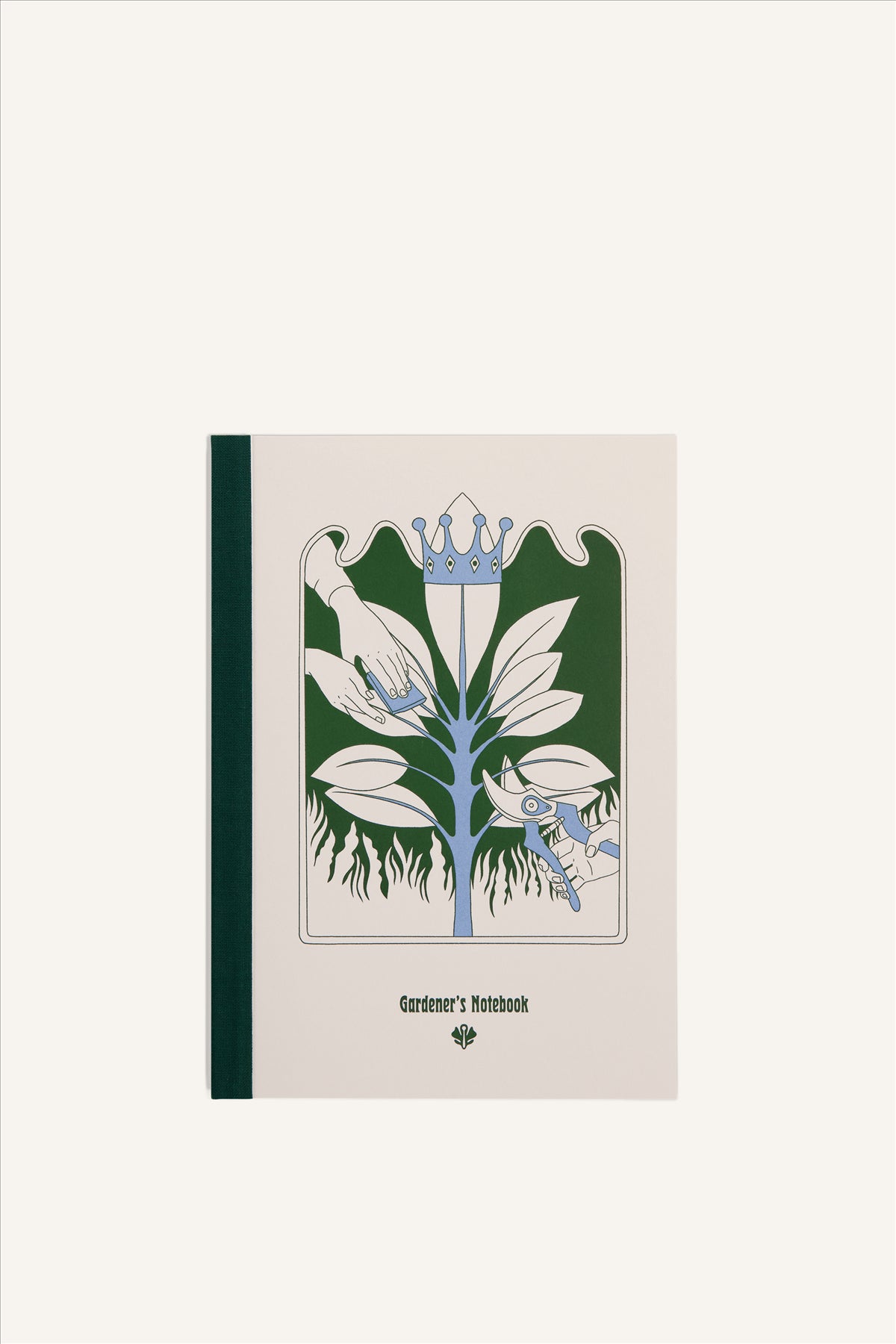 An A5 notebook with a beige cover and green cloth spine. The cover shows a green and blue illustration of a plant wearing a crown being cleaned and pruned. The background of the image is beige.