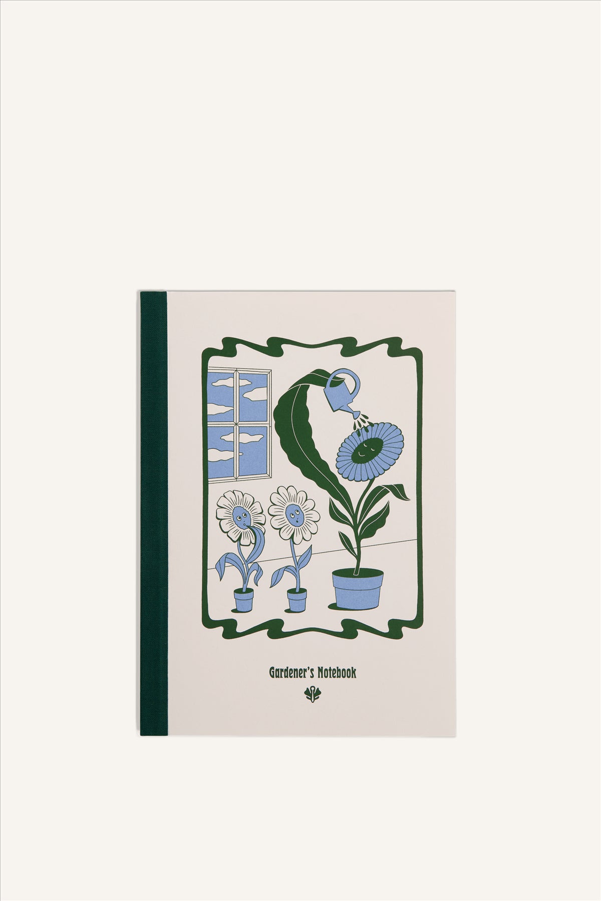 An A5 notebook with a beige cover and green cloth spine. The cover shows a green and blue illustration of a potted flower, watering itself with a watering can while being observed by two smaller flowers. The background of the image is beige.