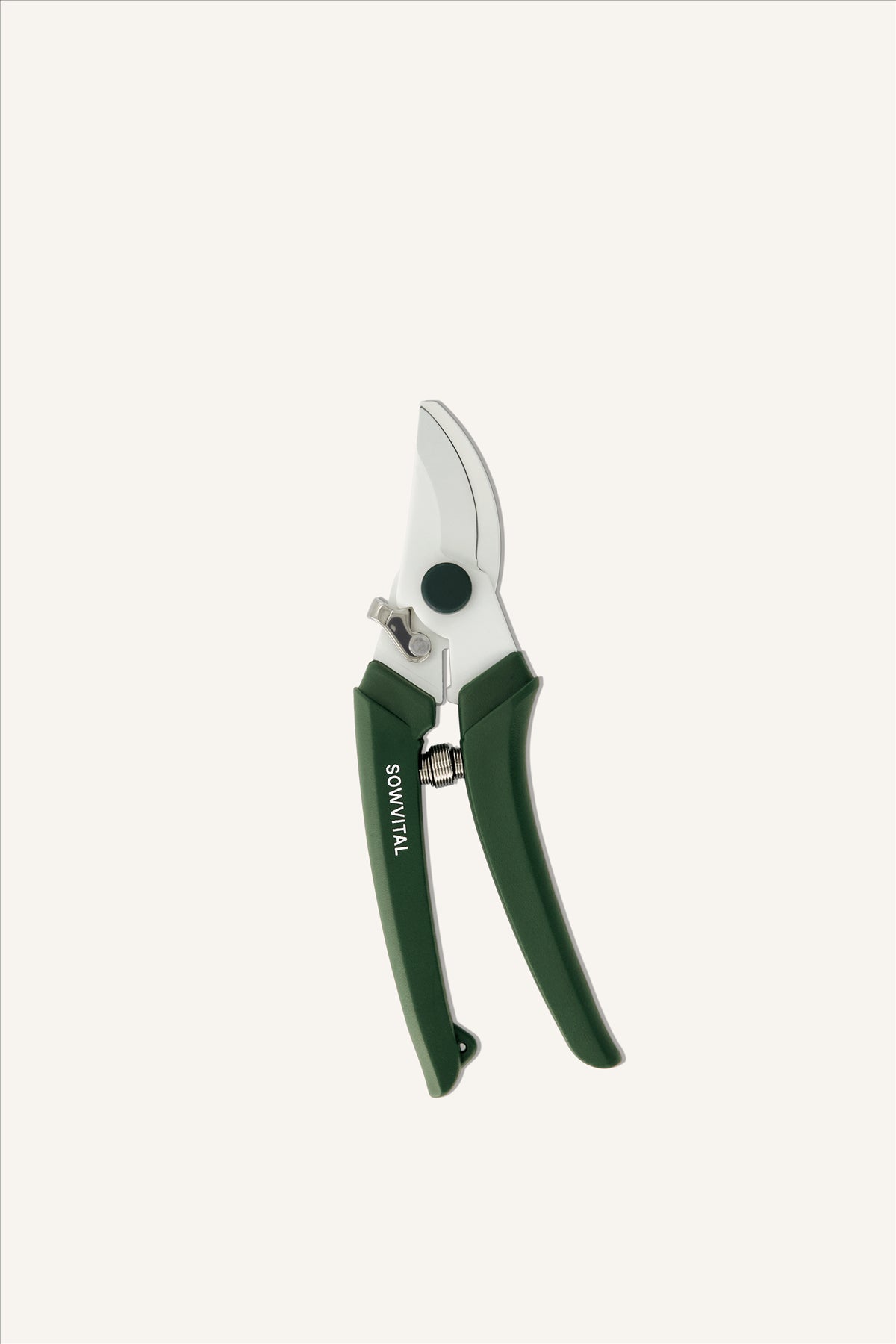 A pair of sharp looking secateurs with green handles and white metal blades. The left handle has the SOWVITAL logo written along it. The secateurs are in a closed position. The background is beige.