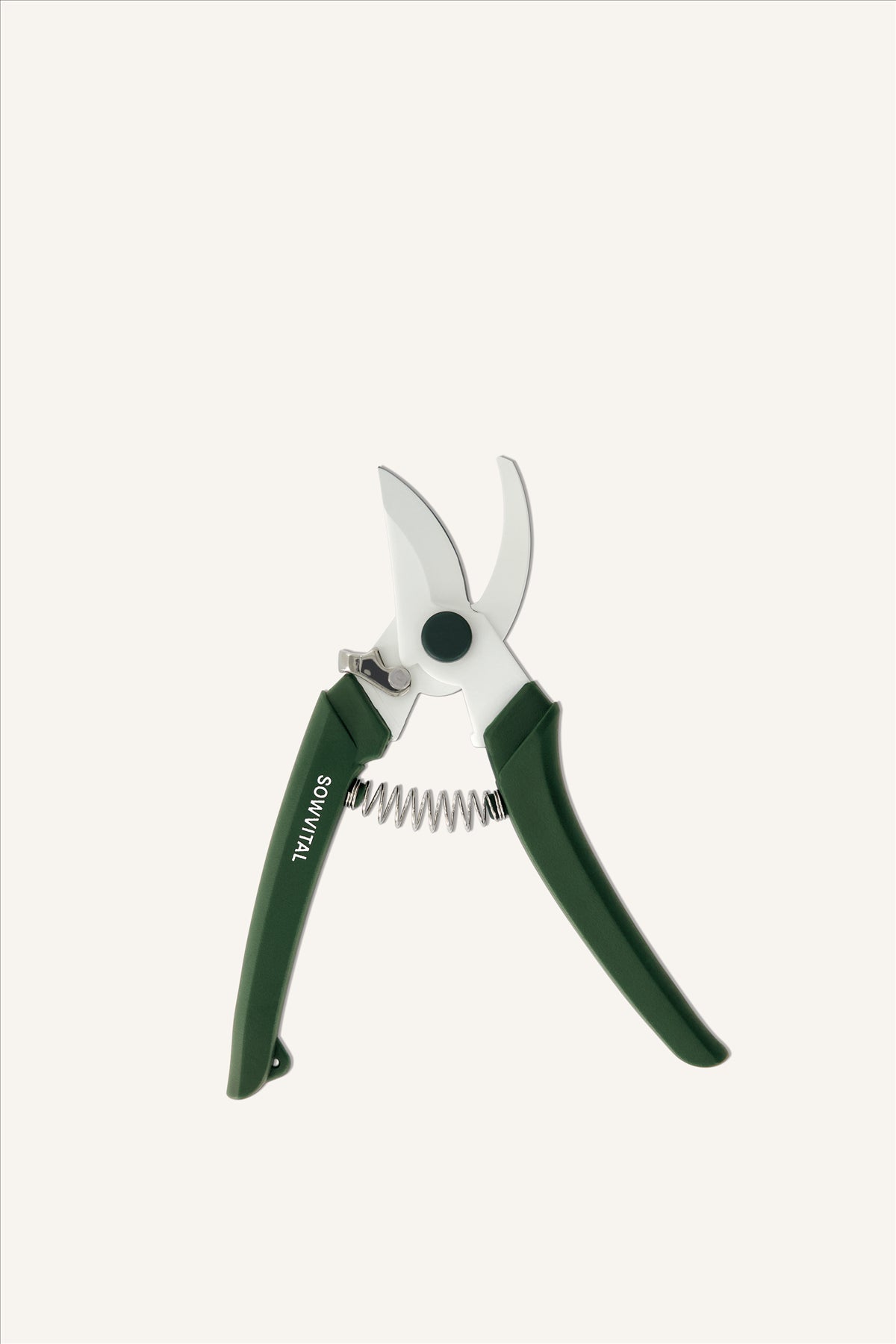 A pair of sharp looking secateurs with green handles and white metal blades. The left handle has the SOWVITAL logo written along it. The secateurs are in an open position. The background is beige.