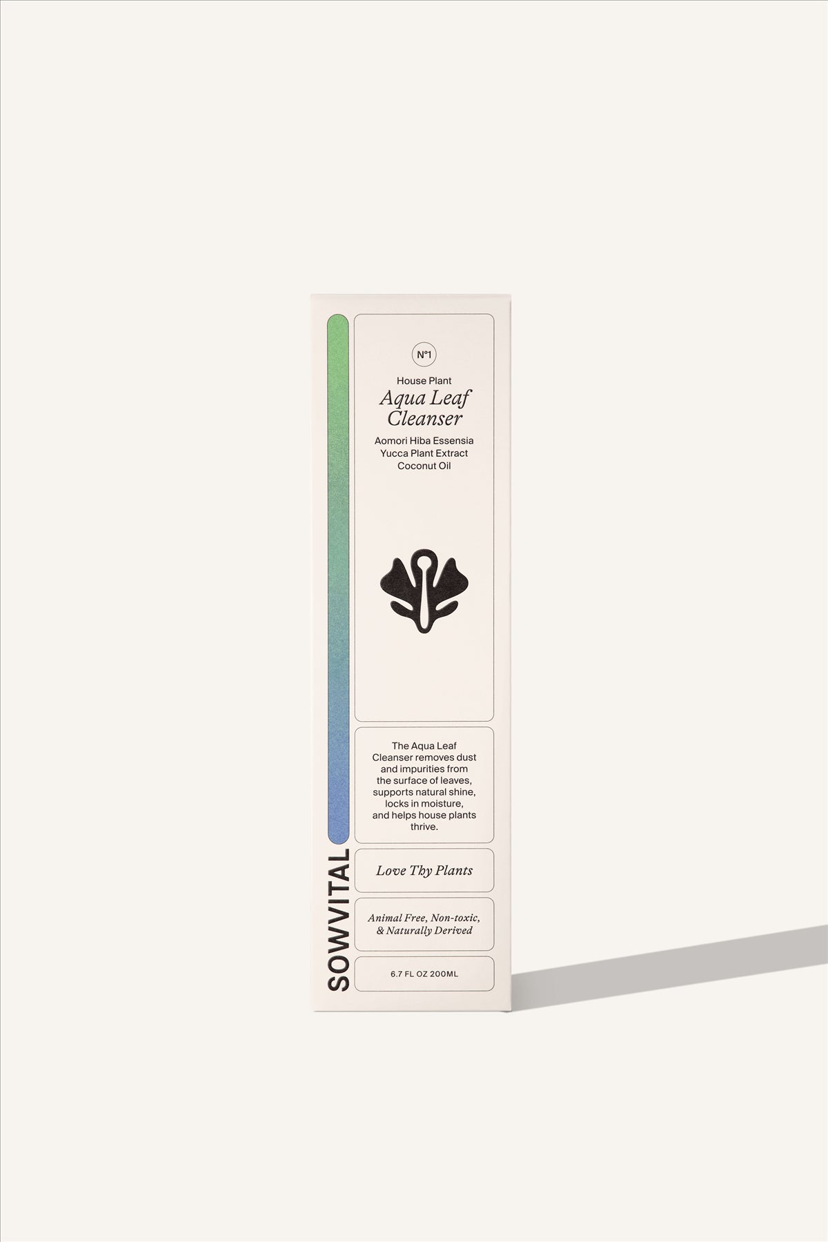 The box of the Sowvital Aqua Leaf Cleanser, a tall and narrow box constructed from beige fedrigoni paper, with a soft colour gradient running up one side. The background is beige.