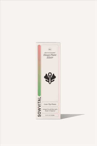 The House Plant Elixir box, a tall rectangular beige fedrigoni paper box, with a large colour gradient running down the front on the left hand side. The background of the image is beige.