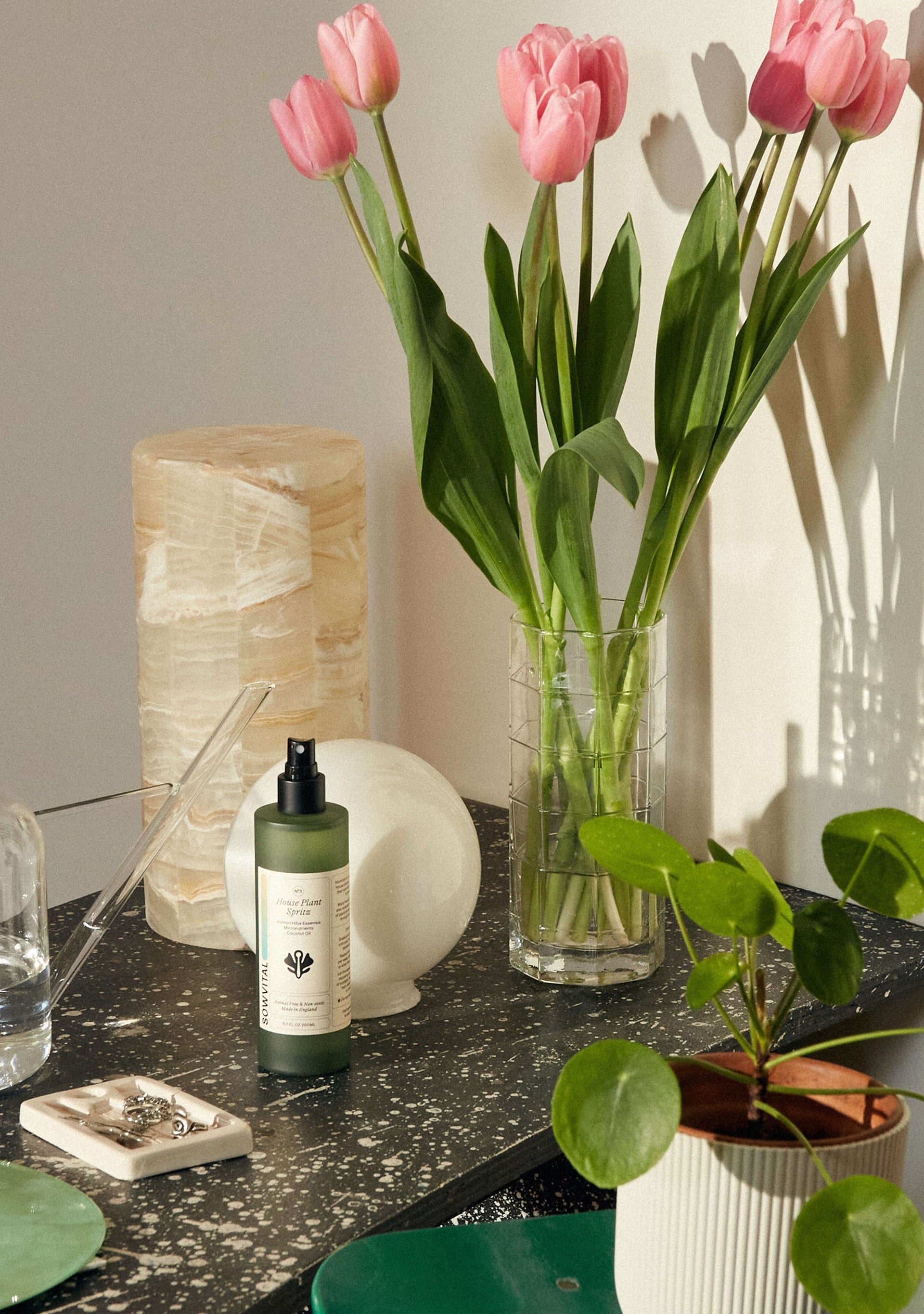 The House Plant Spritz sat on a table amongst intriguing and stylish homewares. The bottle is sat in front of two stone sculptures, and alongside a glass vase of pink tulips.