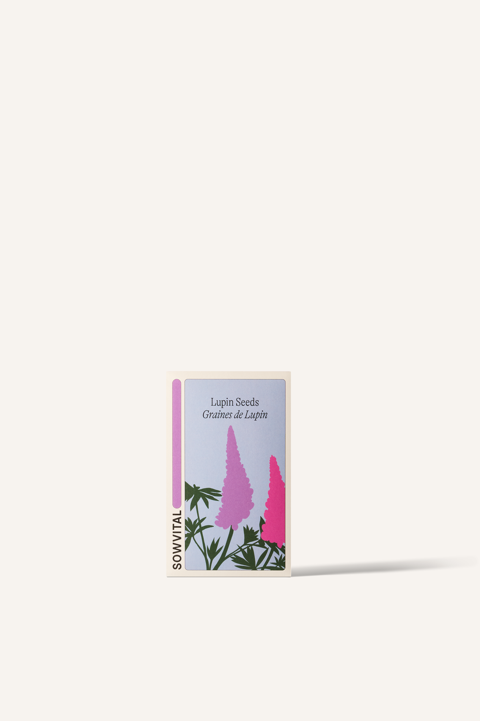 Sowvital's Lupin Seeds. A rectangular fedrigoni paper box with a playful illustration of lupins on the front. The background is beige.