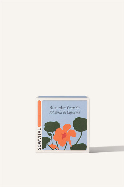 Sowvital's Nasturtium Seed Grow Kit. A square fedrigoni paper box with a playful illustration of nasturtium on the front. The background is beige.