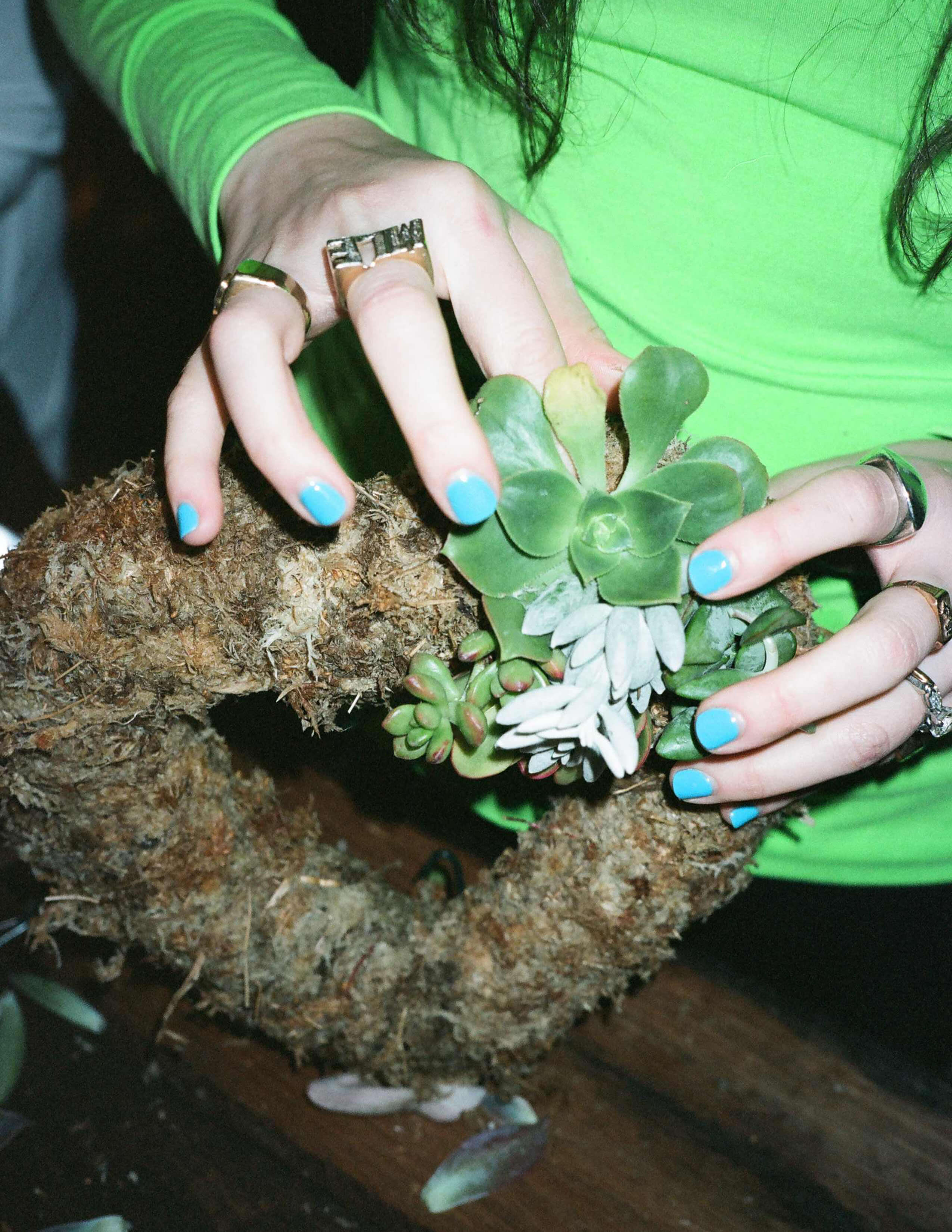 A pair of hands with baby blue nails and rings in the process of making a succulent wreath.
