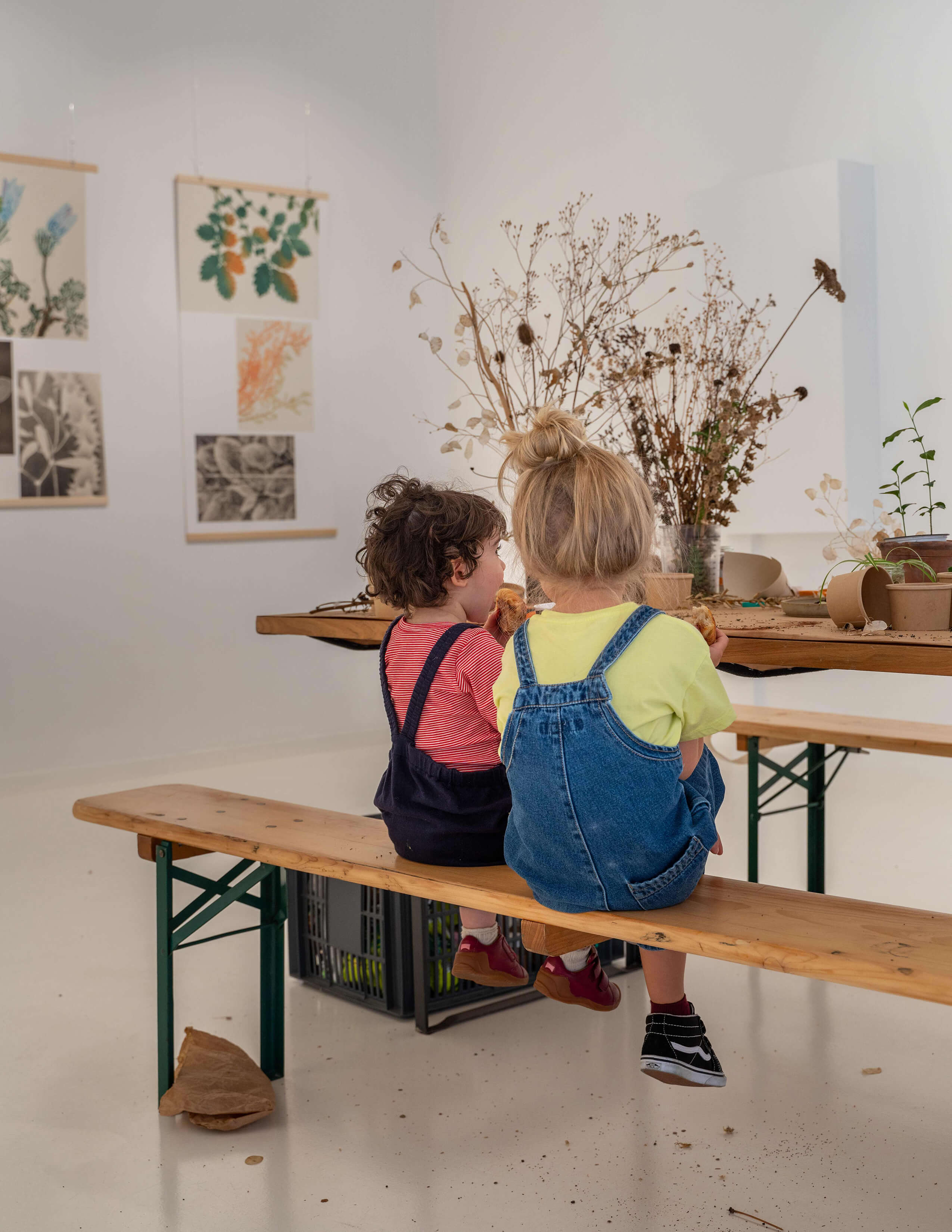 Children sitting on the bench have fun understanding the life cycle of a plant in an educational workshop. Paintings on the wall and potted plants are presented on the table.