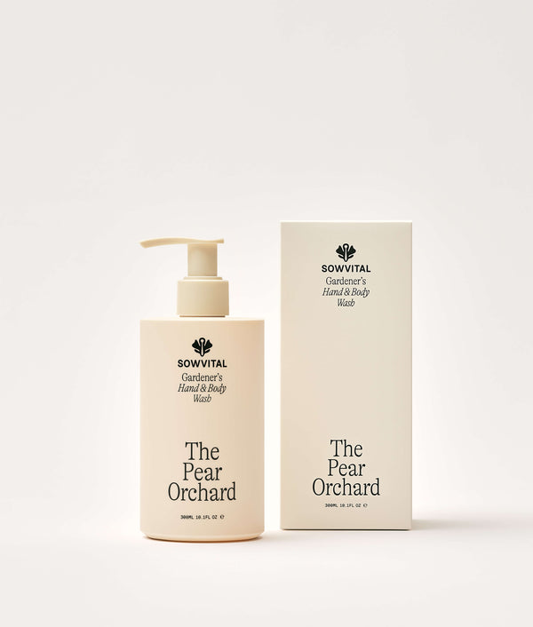 Sowvital 'The Pear Orchard' hand and body wash bottle and packaging on a white background