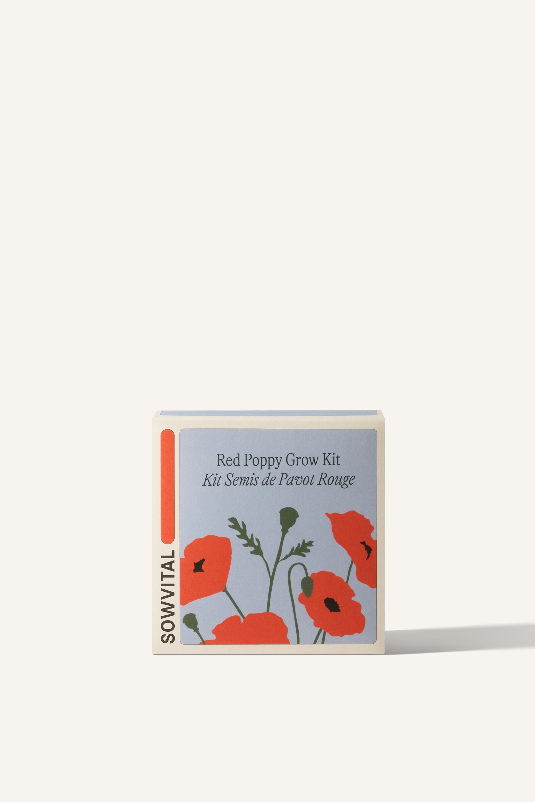 Sowvital's Red Poppy Seed Grow Kit. A square fedrigoni paper box with a playful illustration of red poppies on the front. The background is beige.