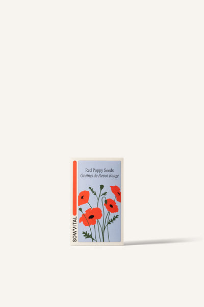 Sowvital's Red Poppy Seeds. A rectangular fedrigoni paper box with a playful illustration of red poppies on the front. The background is beige.