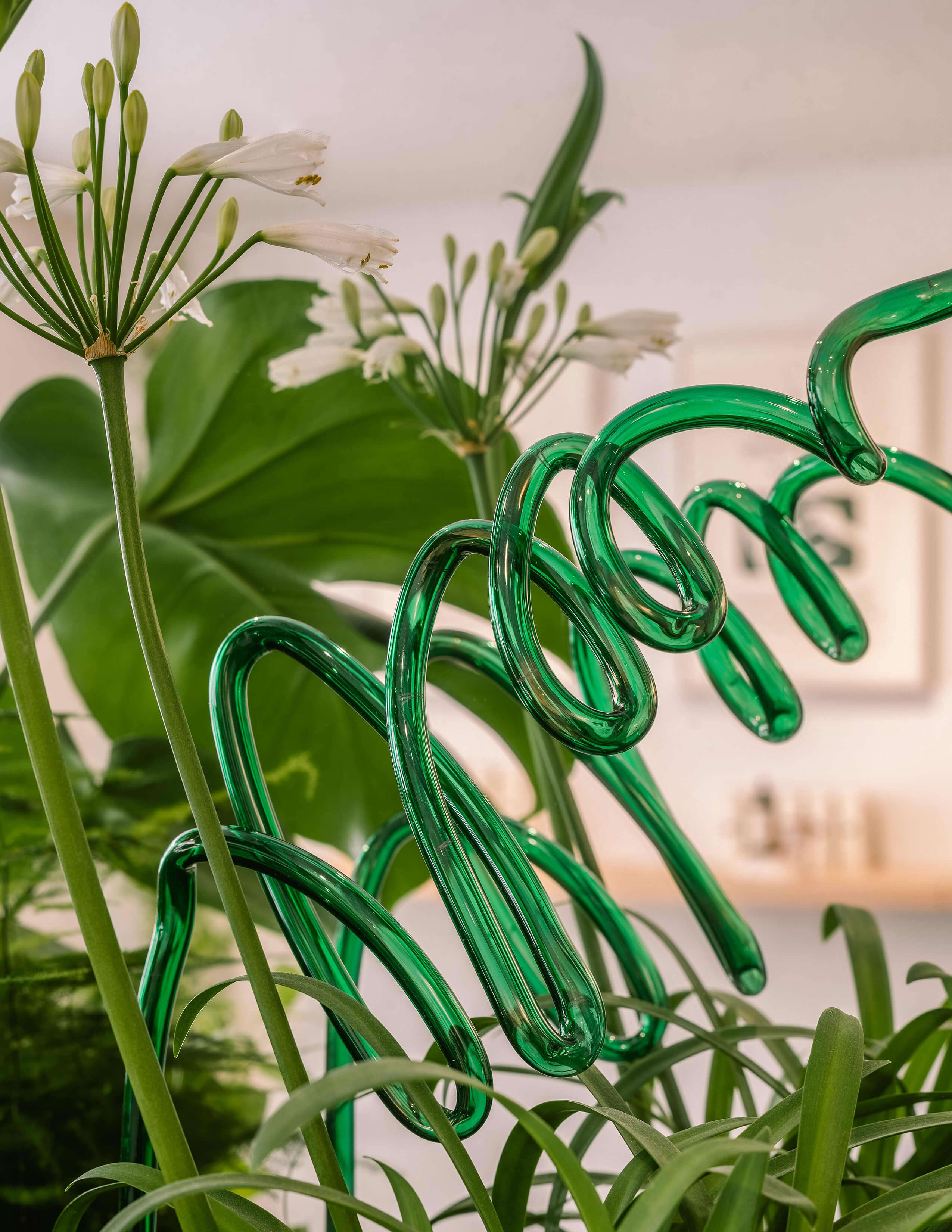 A green curly glass pipe among different kinds of plants and flowers.