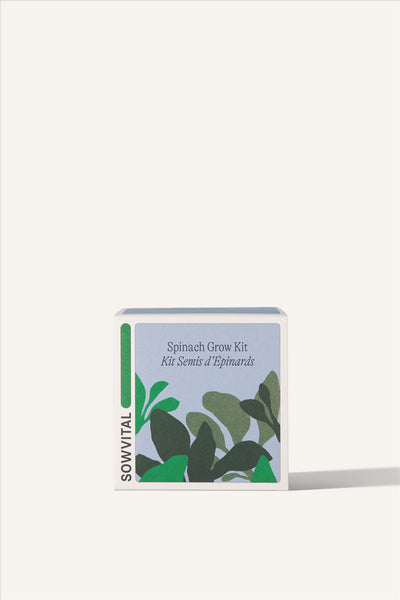 Sowvital's Spinach Seed Grow Kit. A square fedrigoni paper box with a playful illustration of spinach on the front. The background is beige.