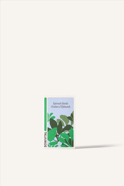 Sowvital's Spinach Seeds. A rectangular fedrigoni paper box with a playful illustration of spinach on the front. The background is beige.