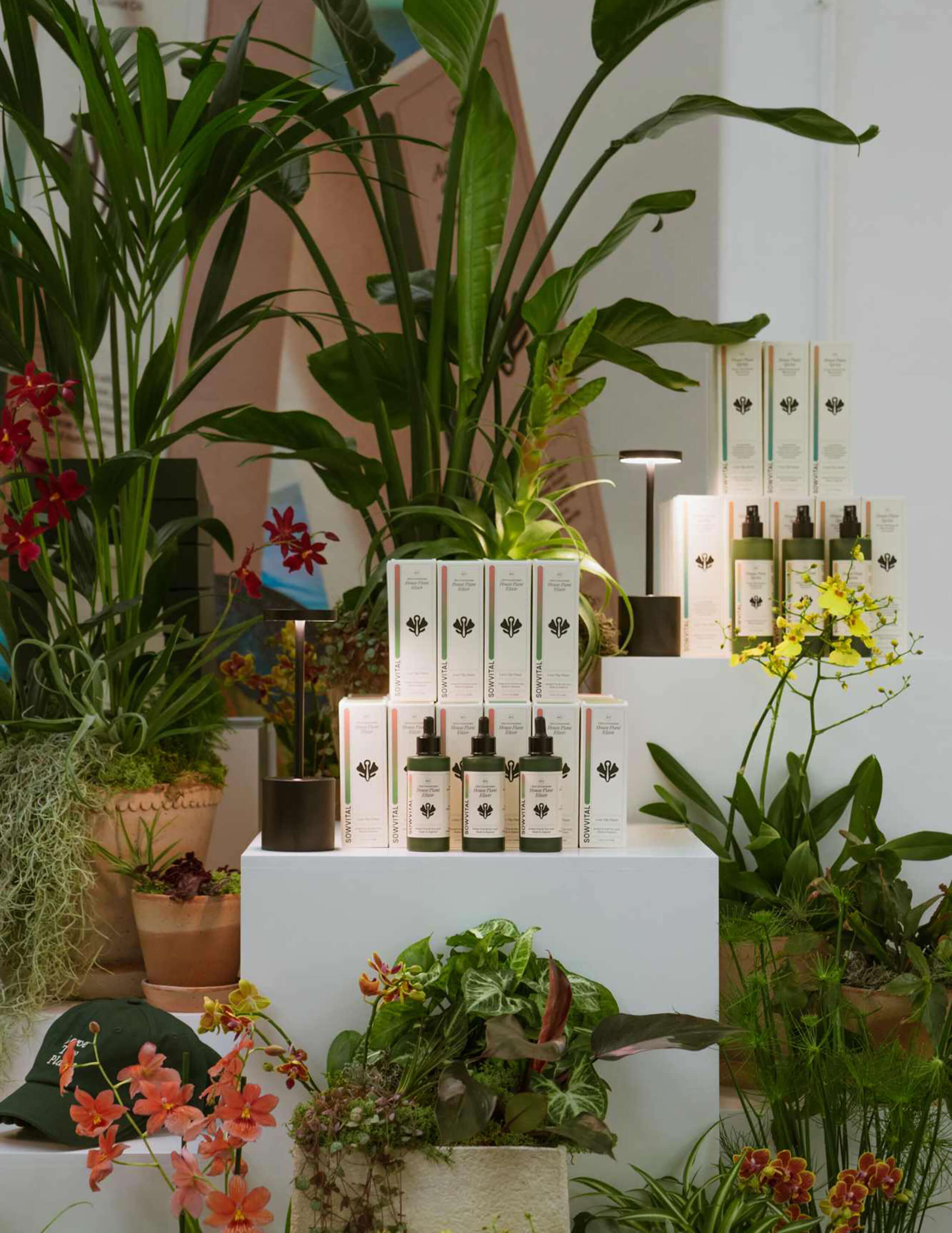 The Sowvital house plant products display with caps and an extensive collection of different plants/flowers.