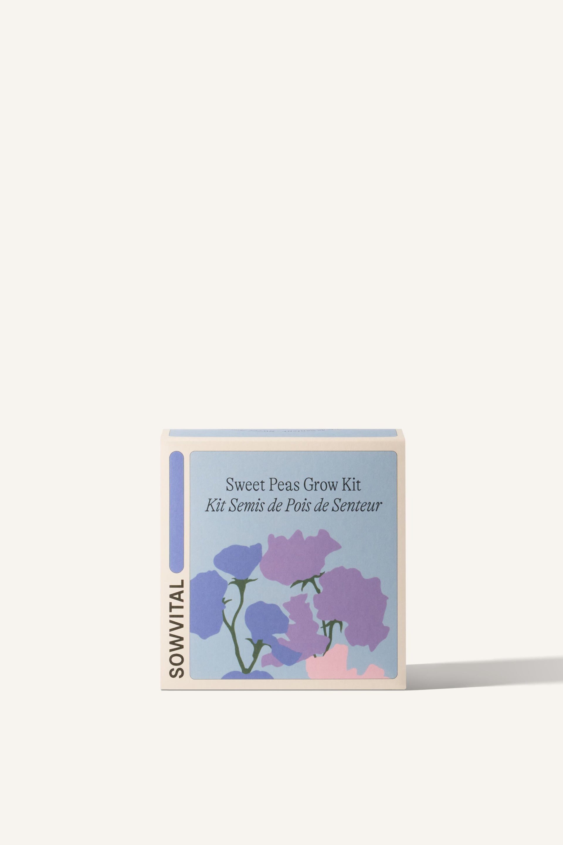 Sowvital's Sweet Peas Seed Grow Kit. A square fedrigoni paper box with a playful illustration of sweet peas on the front. The background is beige.