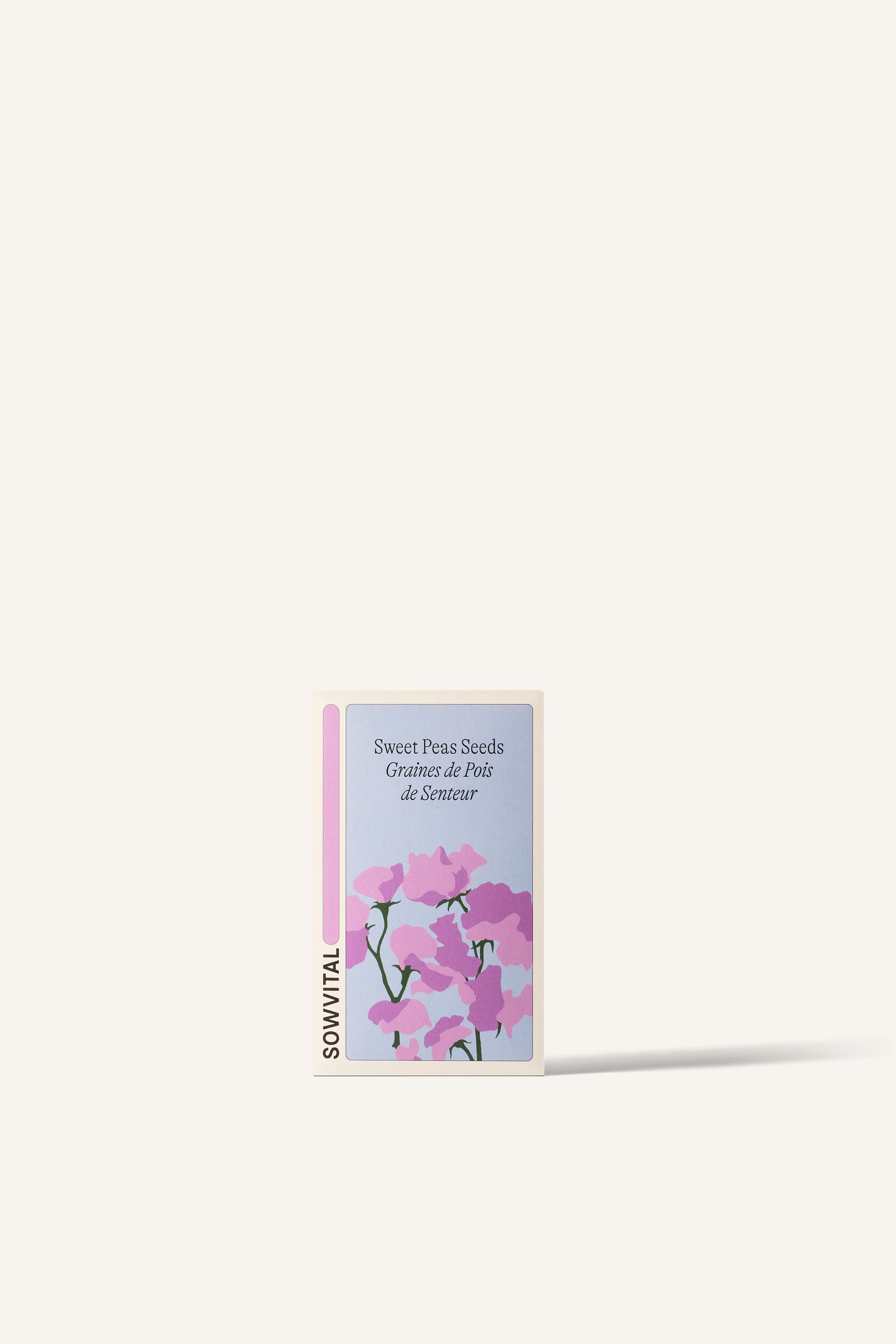 Sowvital's Sweet Peas Seeds. A rectangular fedrigoni paper box with a playful illustration of sweet peas on the front. The background is beige.