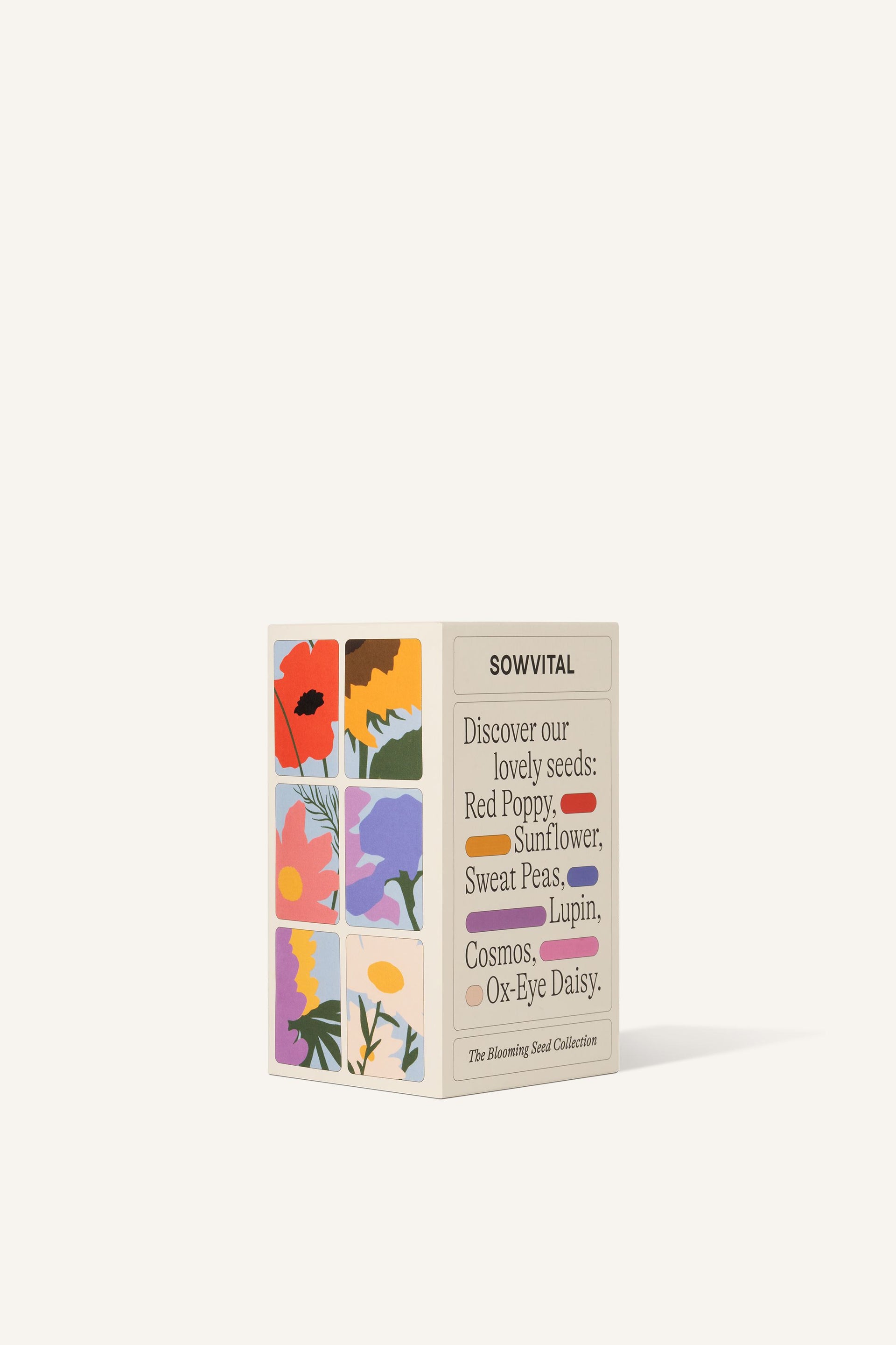 Sowvital's Flower Seed Collection from a corner angle. A rectangular fedrigoni paper sleeve with colourful illustrations of the seed varieties within. The background is beige.